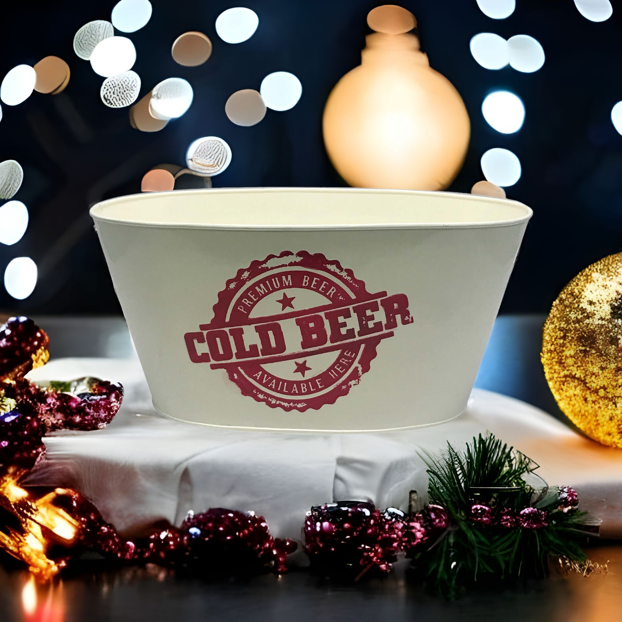 Ice Bucket Beverage Tub Galvanised Cream Metal with Print 40x25x20cm