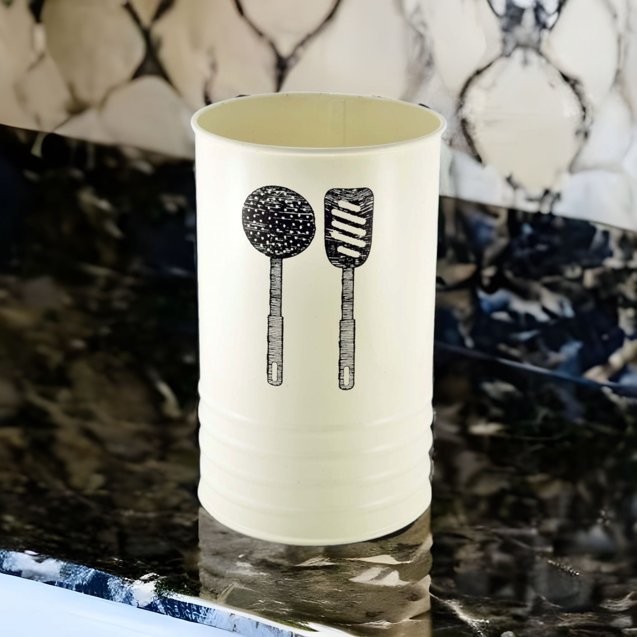 Vintage Utensil Tin Holder Round Cream with Print 17.5cm