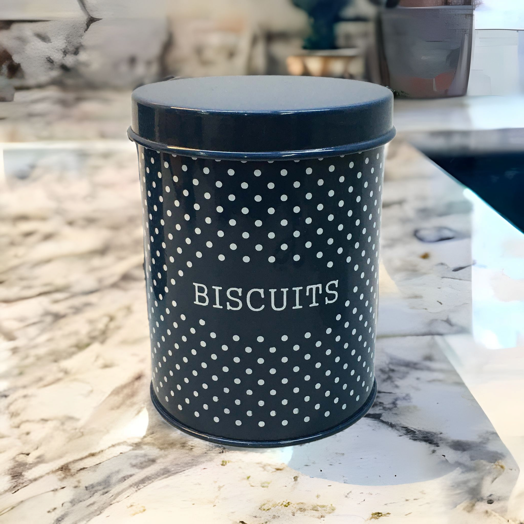 Biscuit Storage Canister Tin - Blue & White Polka Dot 10x15cm