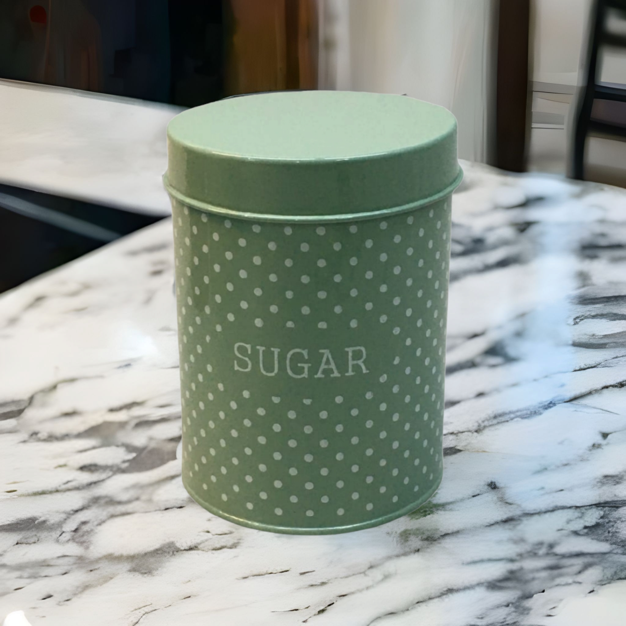 Vintage Tin Sugar Canister Green & White Polka Dot 12x15cm