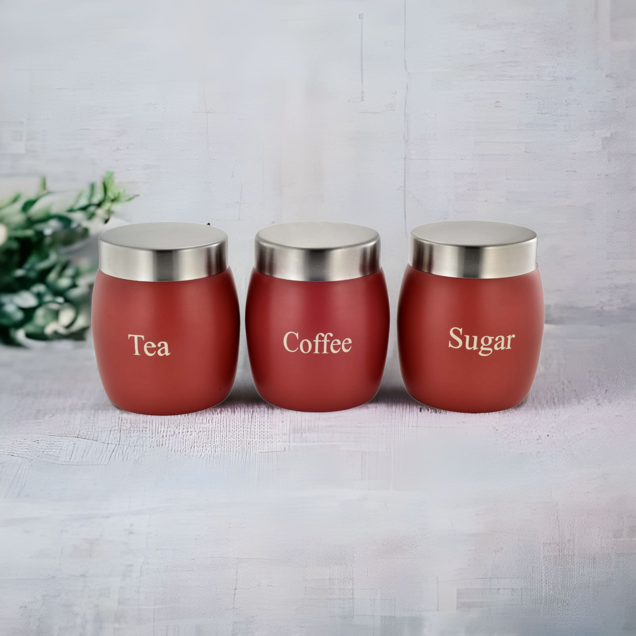 Vintage Tin Canister Set Tea-Coffee-Sugar Barrel Shaped Jar Red with S/S Lid 3pc