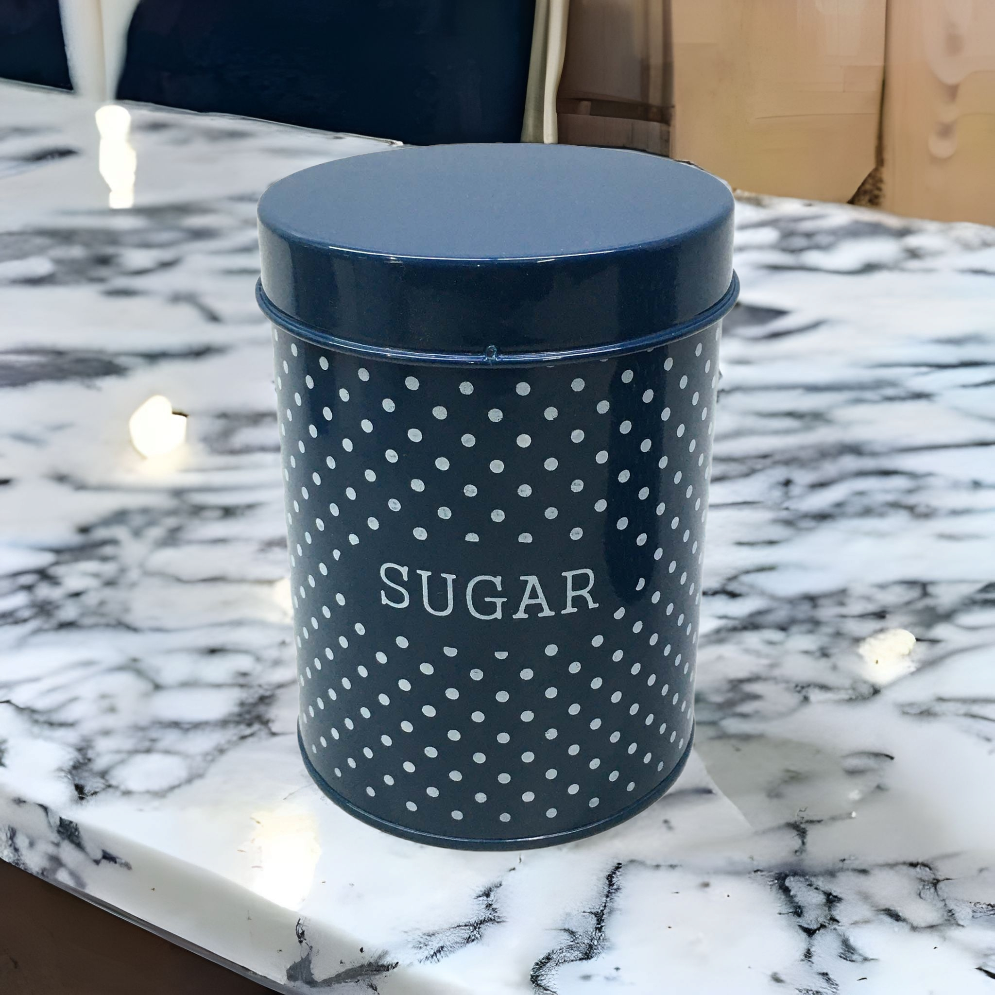 Vintage Tin Sugar Canister Blue & White Polka Dot 12x15cm