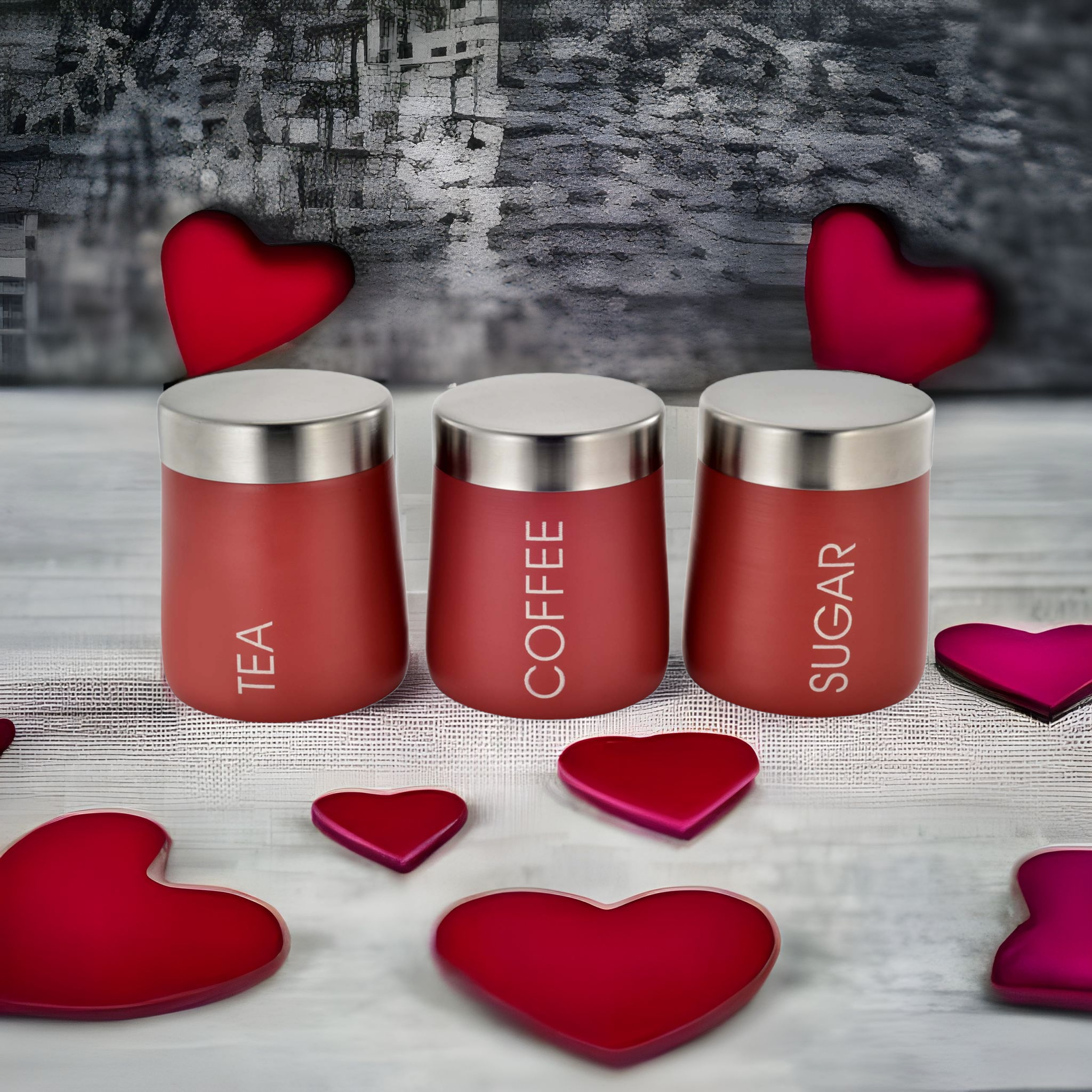 Canister Tin Tea-Coffee-Sugar Conical Shaped Jar Red with S/S Lid 3pc