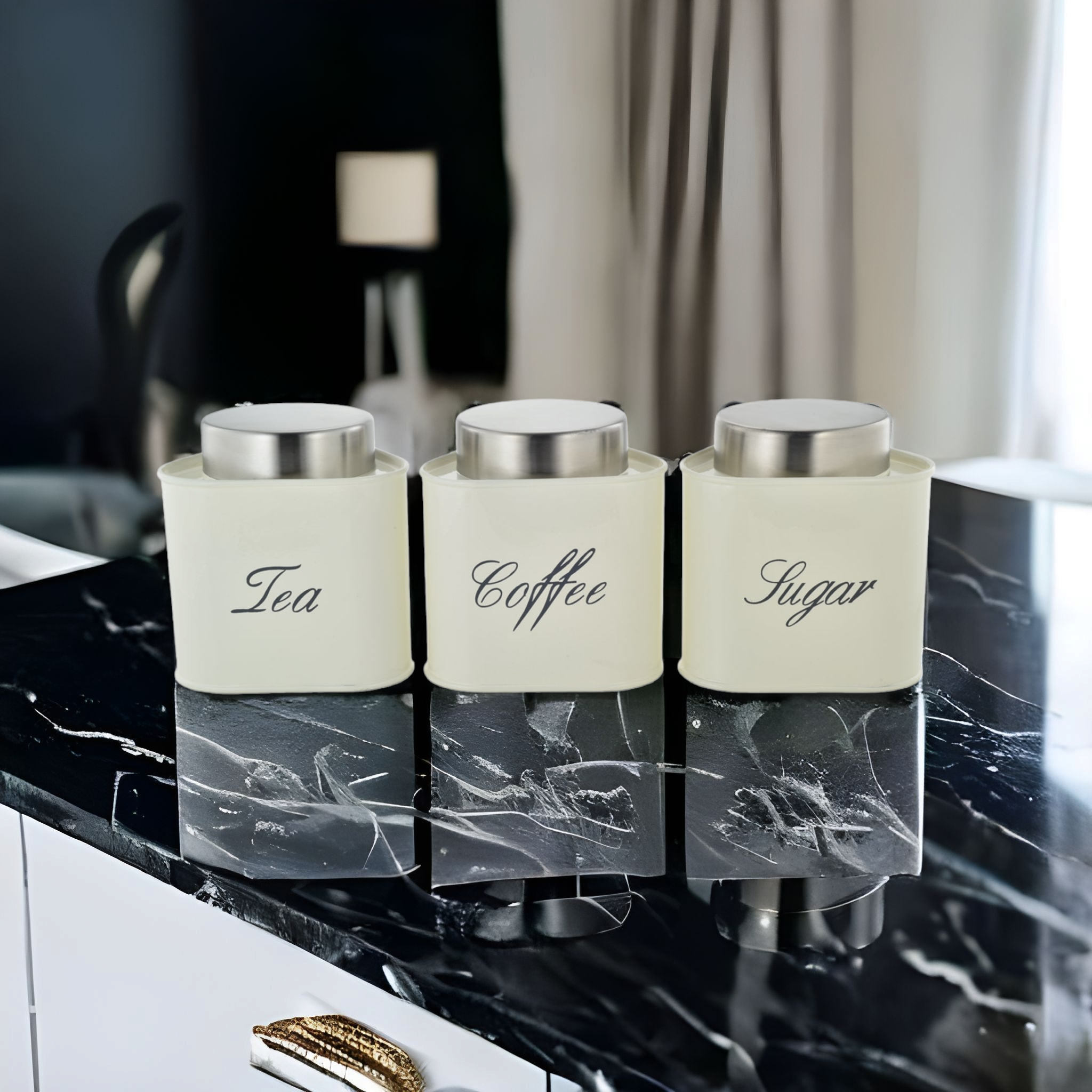 Vintage Tin Canister Set Tea-Coffee-Sugar Triangular Jar Cream with S/S Lid 3pc