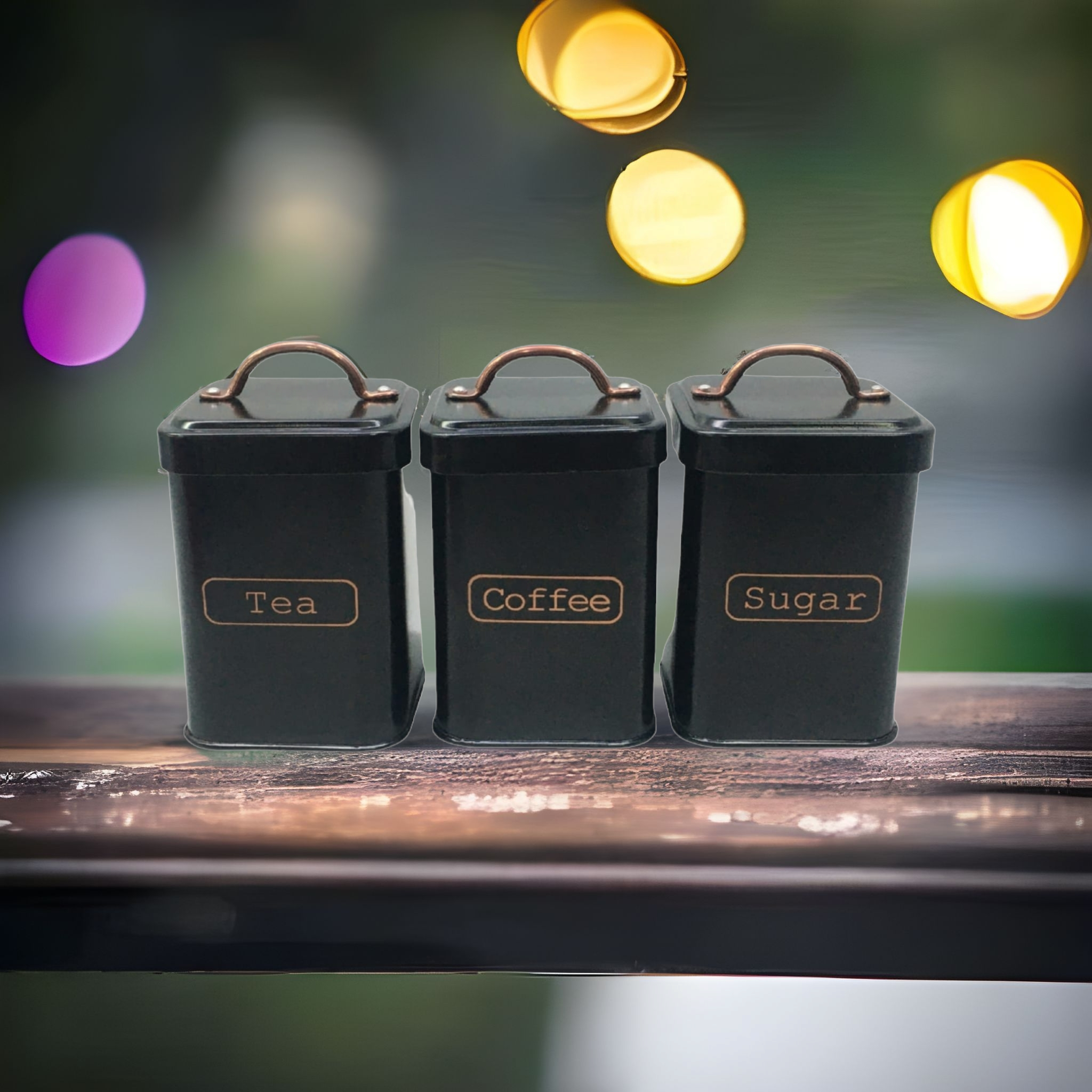 Vintage Tin Canister Square Tea Coffee Sugar Black with Bronze Handle 11x11x16.50cm