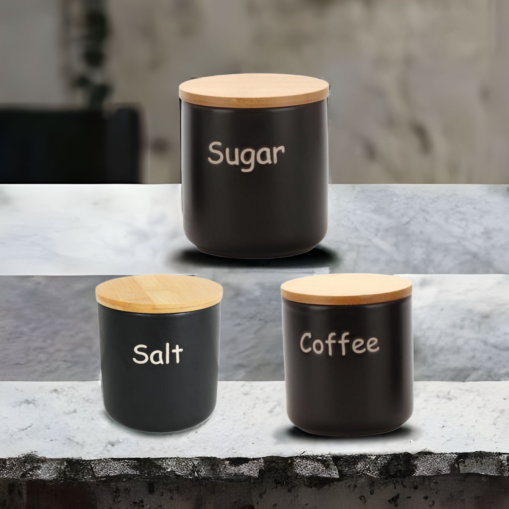 Ceramic Canister Set Black 3pc Set Sugar-Salt-Coffee with Bamboo Lid