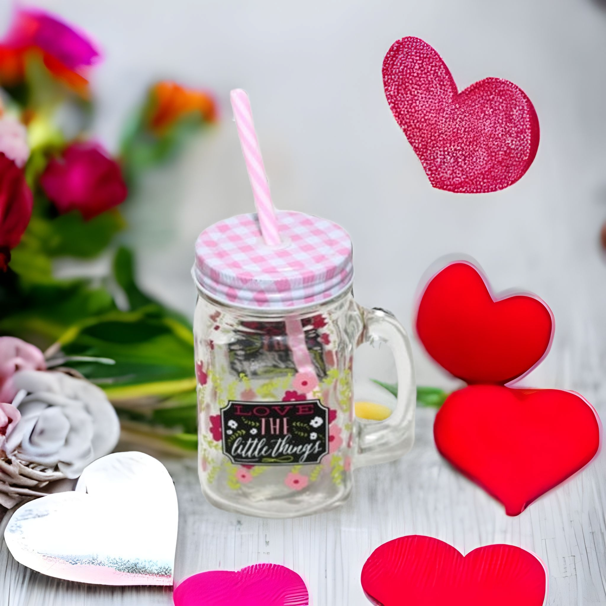 Glass Mason Jar with Straw - Love The Little Things Patterned 26666