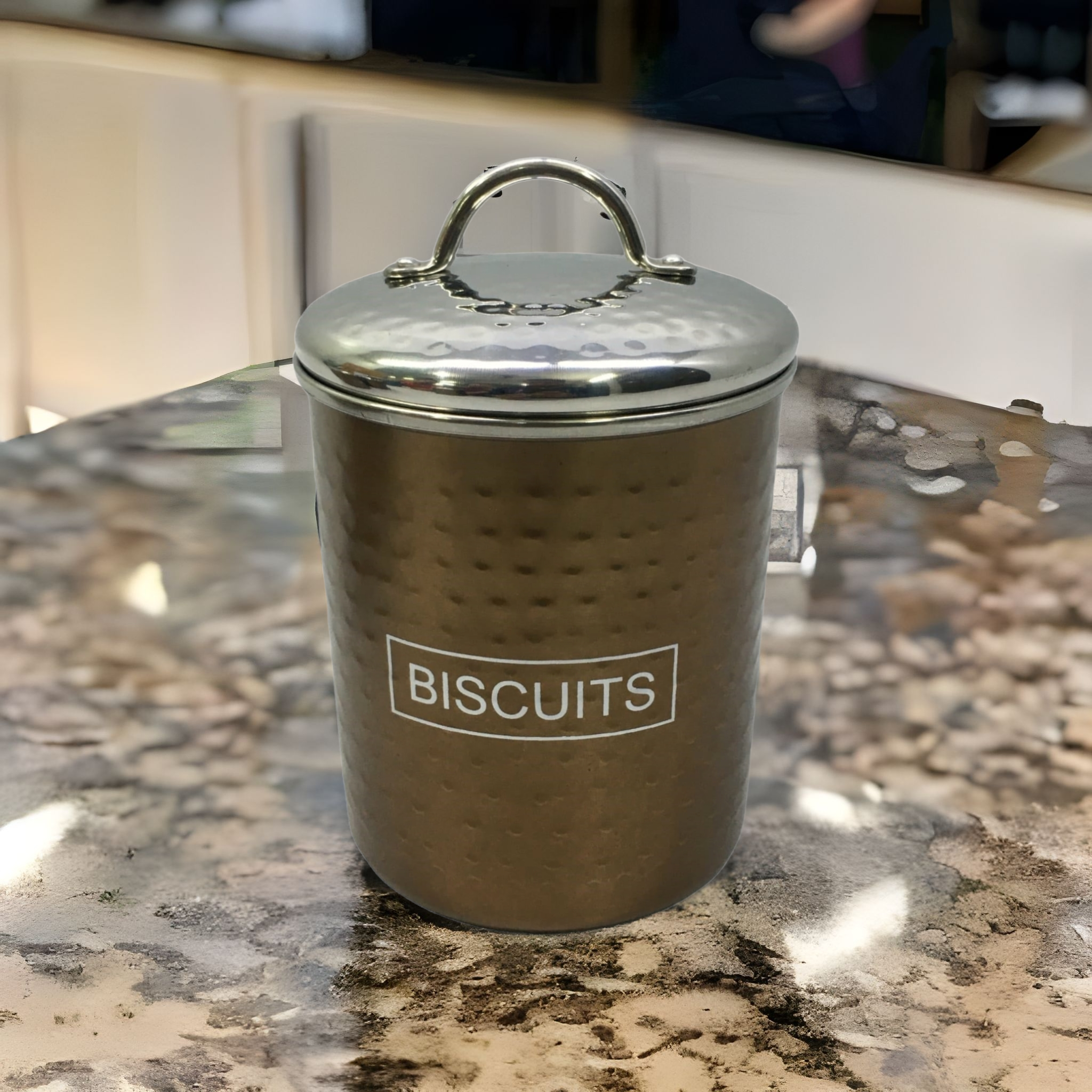 Storage Canister Biscuit Tin Bronze 10x12cm Hammered Finish Stainless Steel