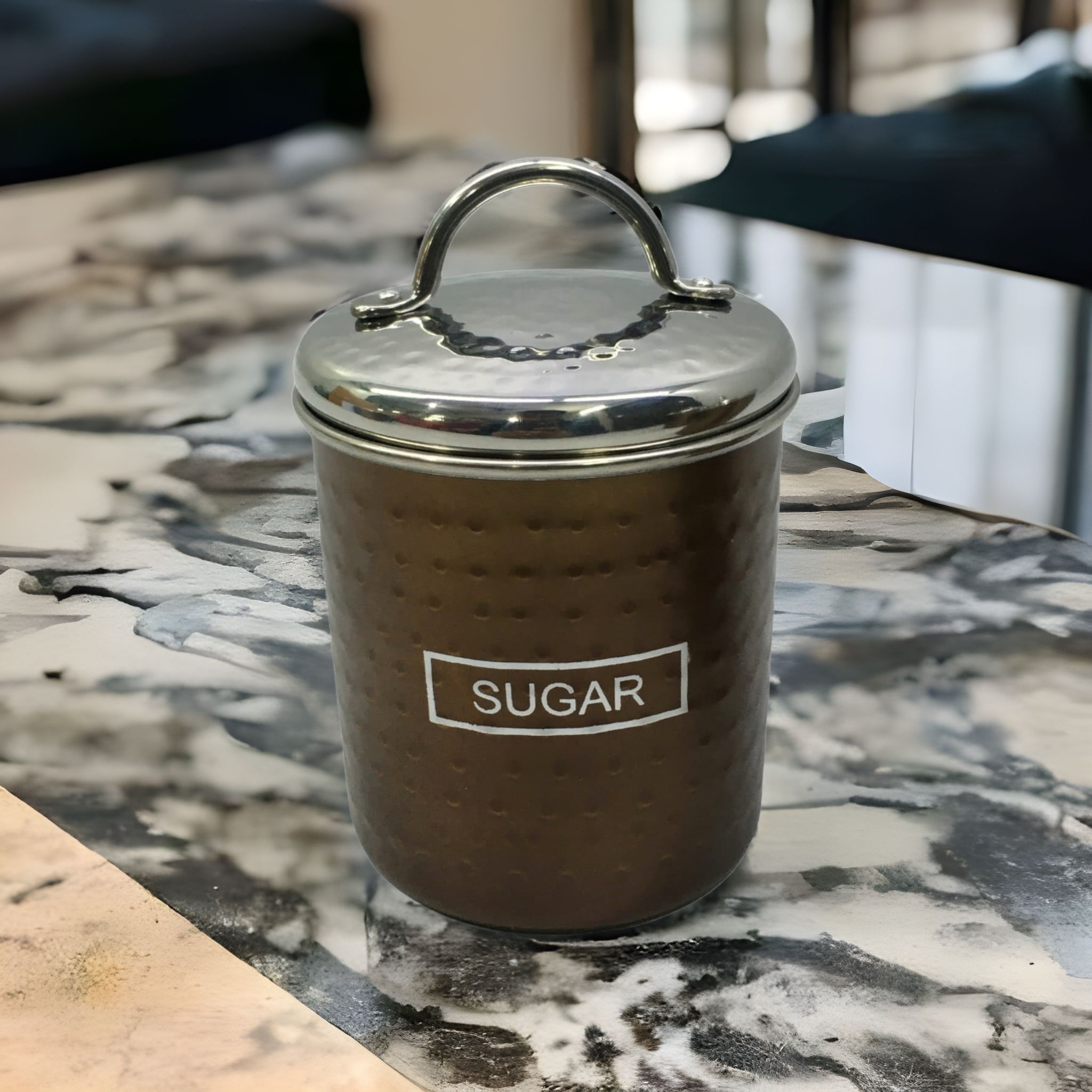 Storage Canister Sugar Tin Bronze 10x12cm Hammered Finish Stainless Steel
