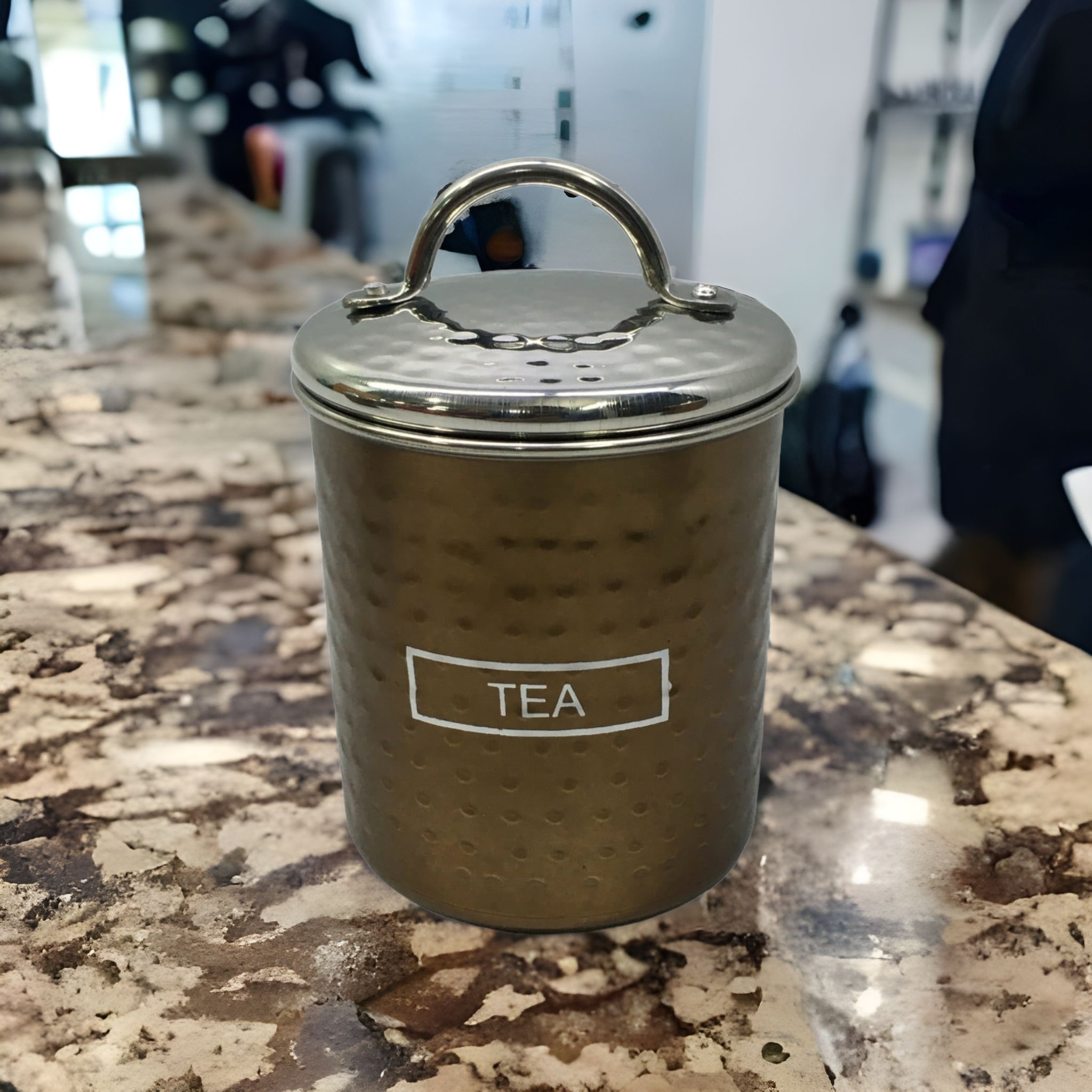 Storage Canister Tea Tin Bronze 10x12cm Hammered Finish Stainless Steel