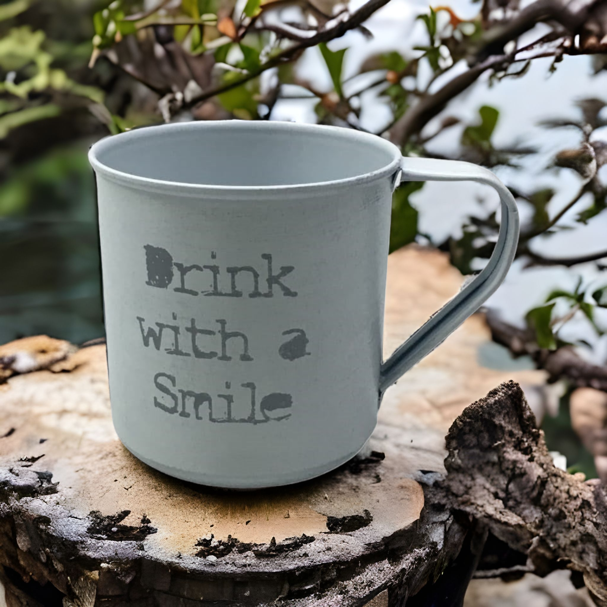 Vintage Steel Coffee Mug 9x9cm Galvanised Round White with Handle