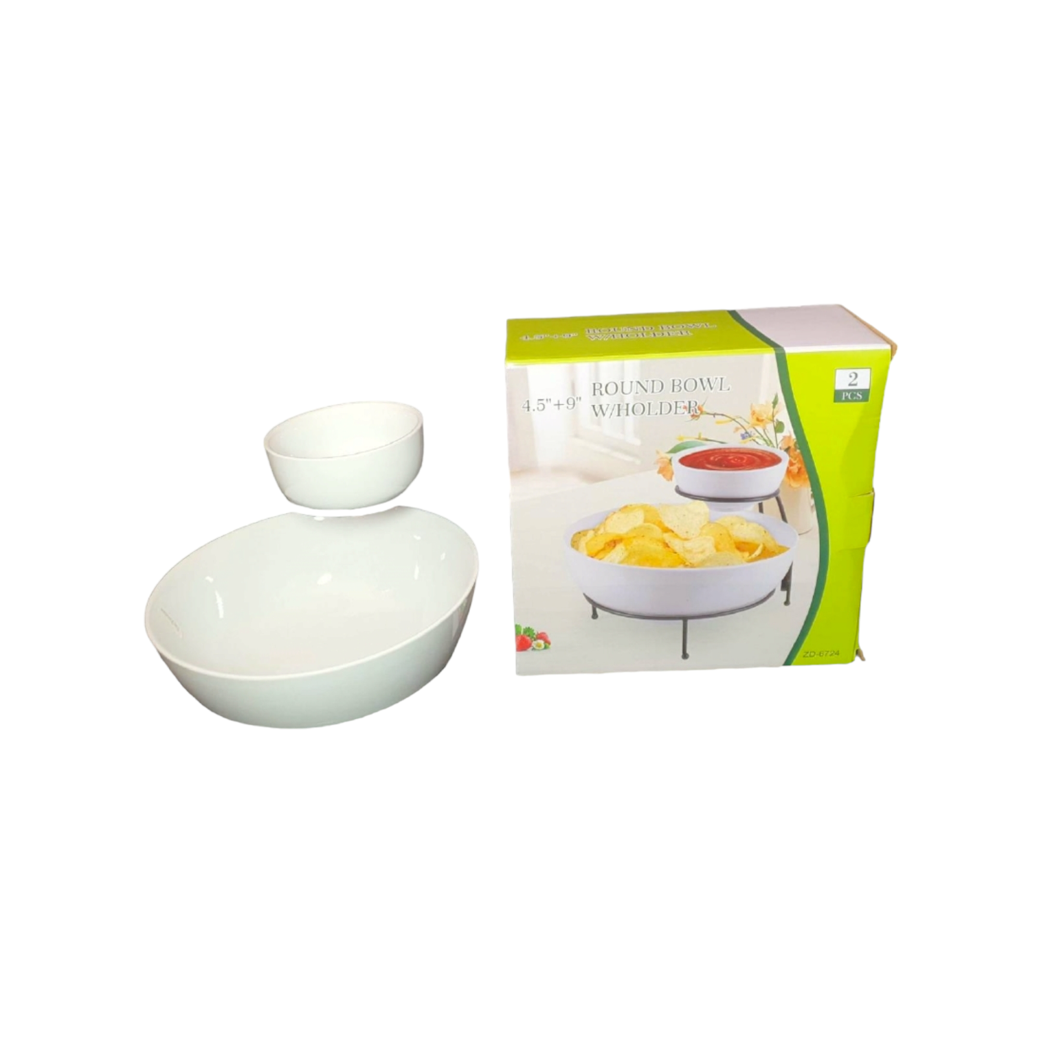 Chip & Dip 2-Tier Ceramic White Round Bowl with holder 4.5inch & 9Inch