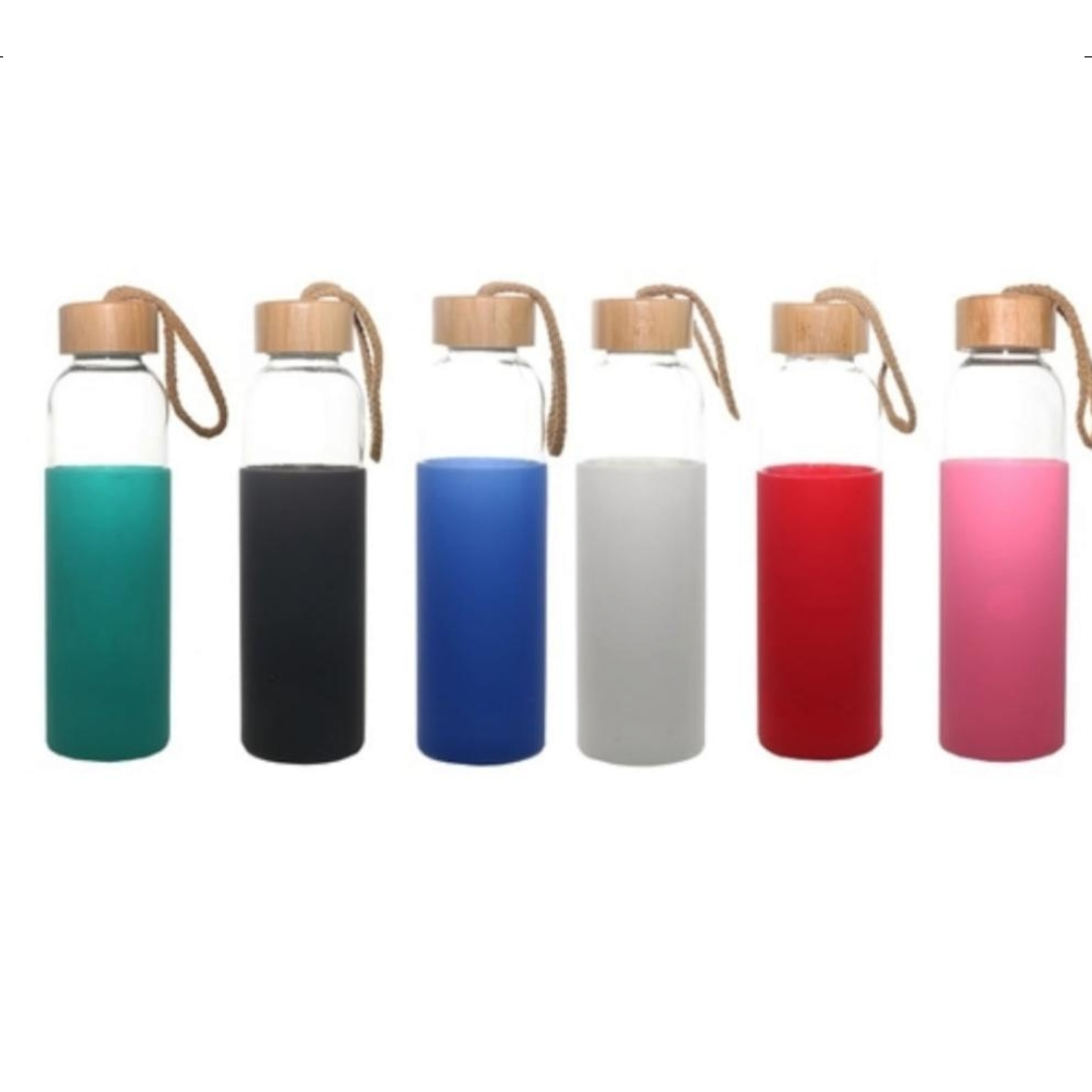 Glass Drinking Bottle 500ml Silicone Grip with Bamboo Wooden Lid and String 22583