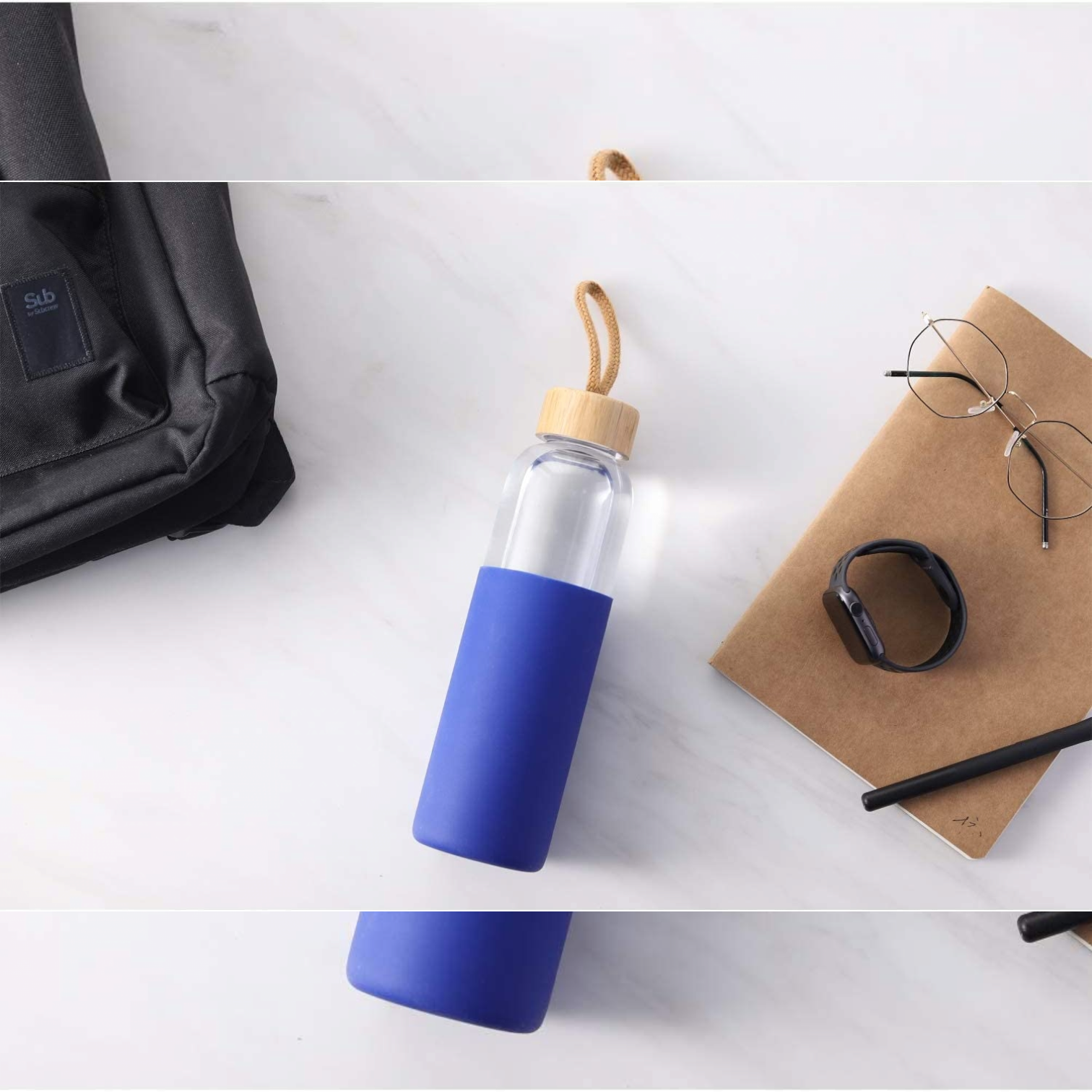 Glass Drinking Bottle 500ml Silicone Grip with Bamboo Wooden Lid and String 22583