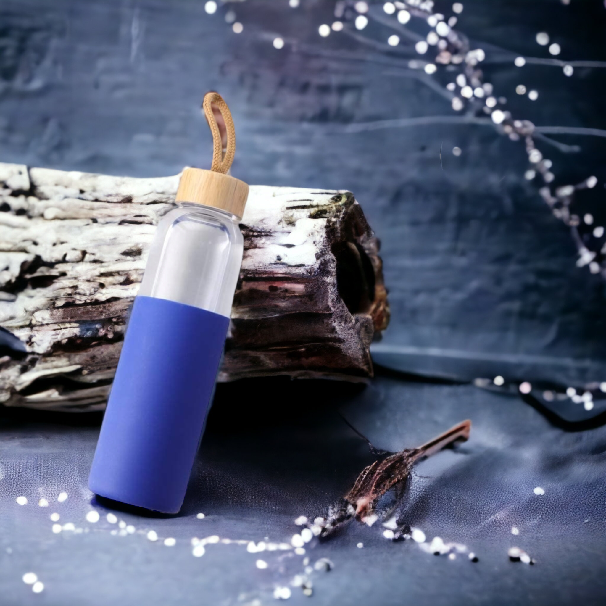 Glass Drinking Bottle 500ml Silicone Grip with Bamboo Wooden Lid and String 22583