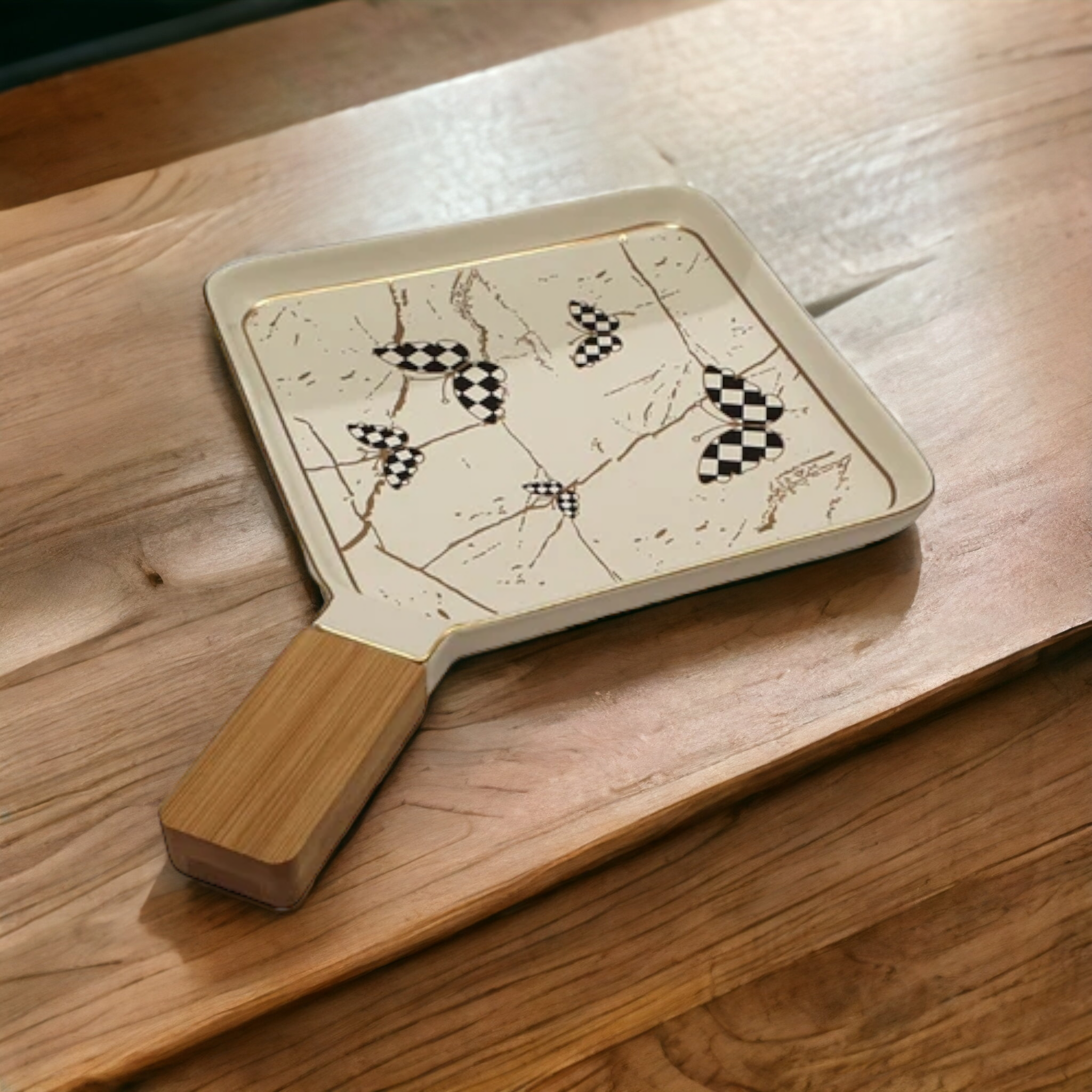 Porcelain Dinner Serving Tray Plate White with Wooden Handle 8Inch SGN2470