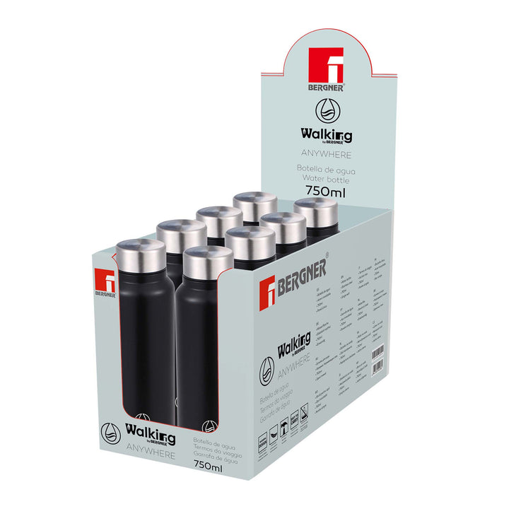 Bergner Sports Flask 750ml Black Water Bottle Stainless Steel SGN2186