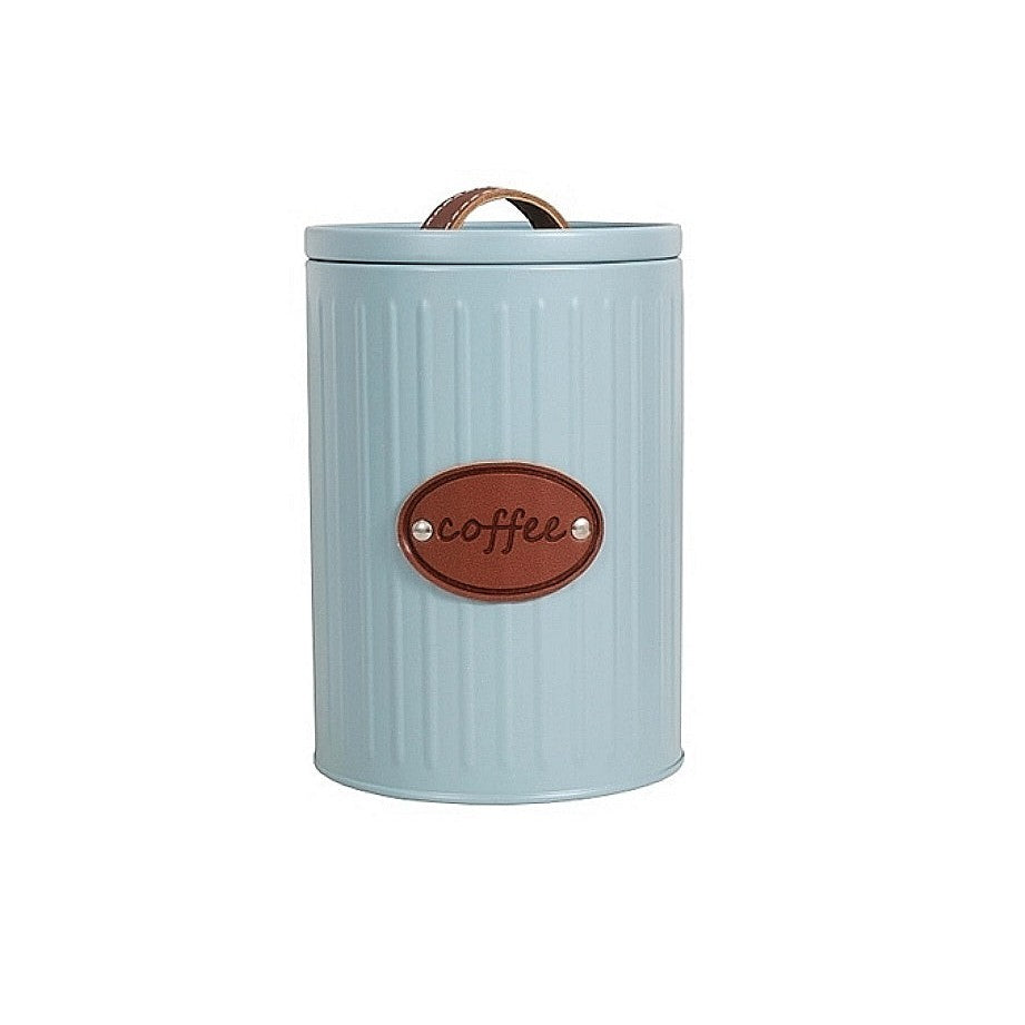 Aqua Canister Coffee Tin Blue with Leather Name and Strap 26492