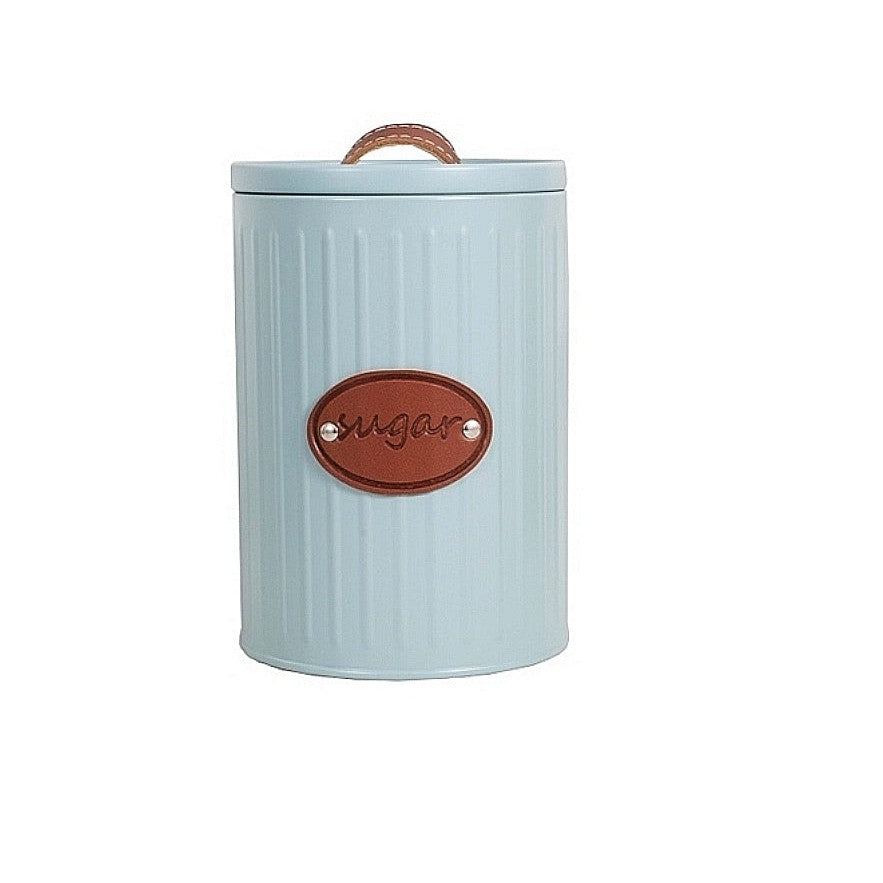 Aqua Canister Sugar Tin Blue with Leather Name and Strap