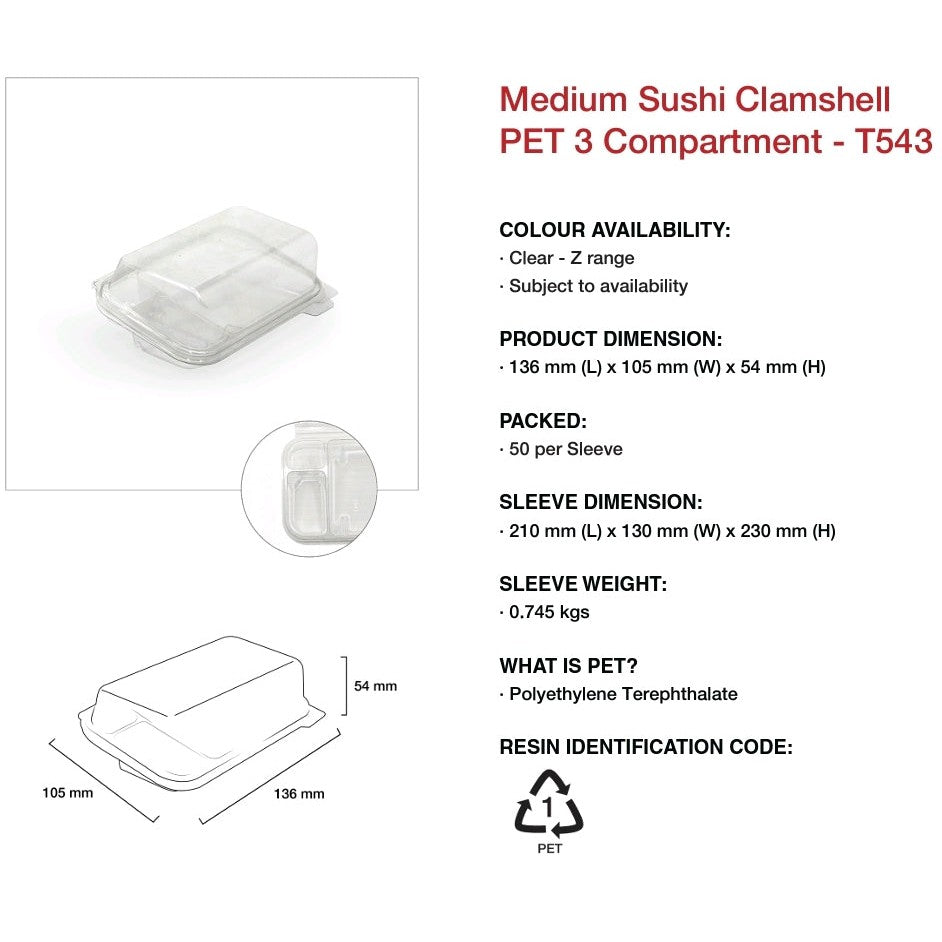 Sushi PET Food Lunch Box Clamshell Clear 3 Compartment Medium 10pc