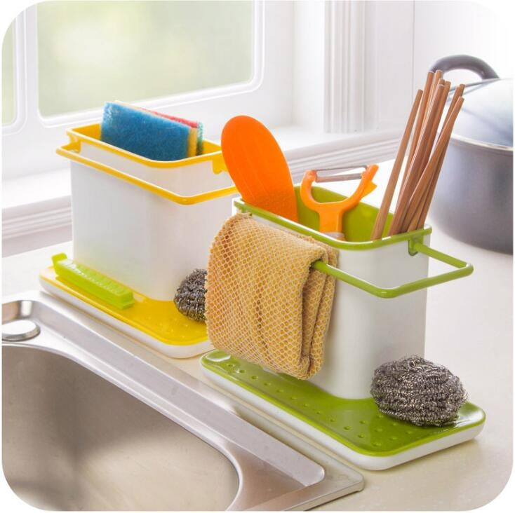 Kitchen Sink Organiser 3 in 1 Plastic Storage Cutlery Rack Yellow & White