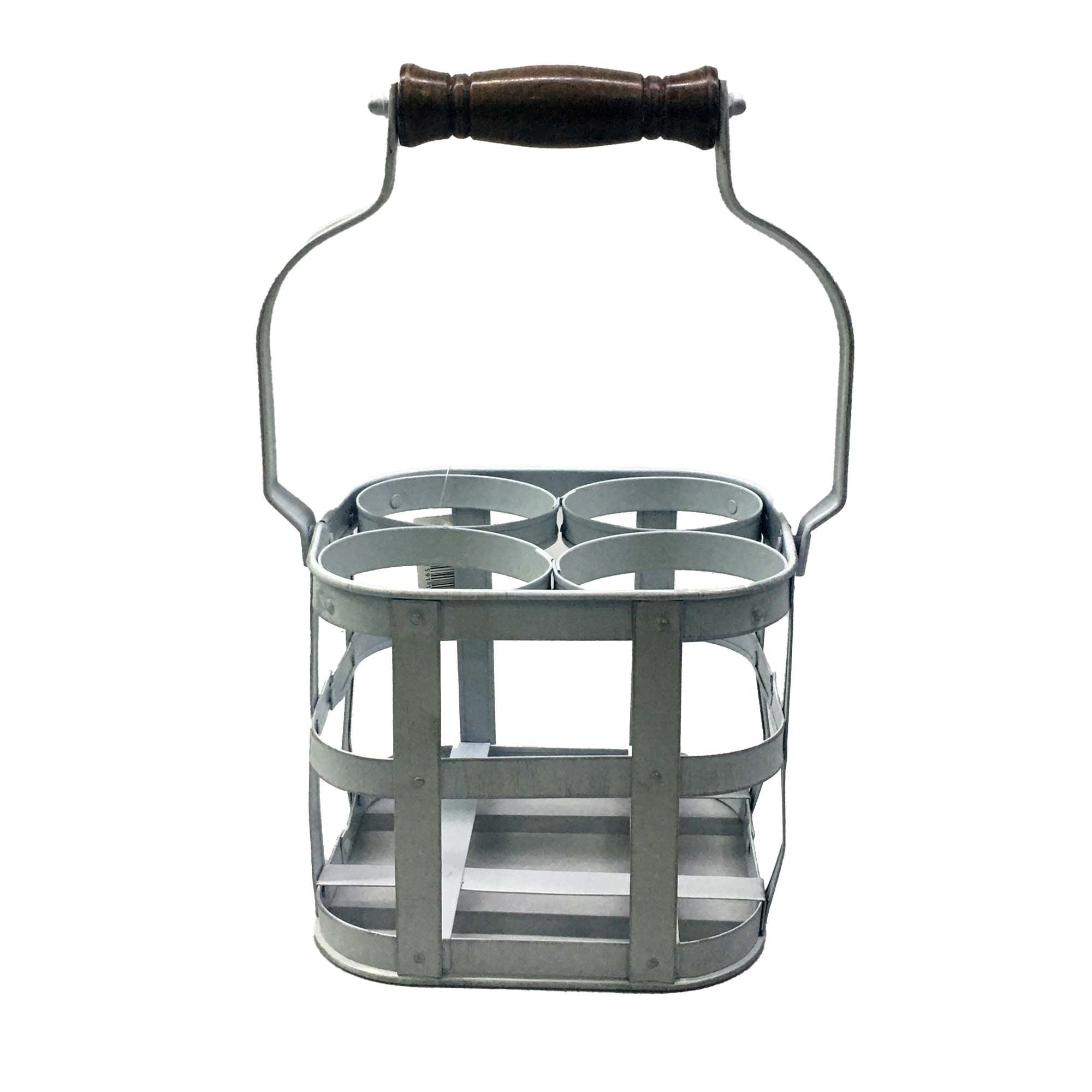 Vintage 4 Bottle Holder Square White Matt Finish Galvanised Iron wooden handle