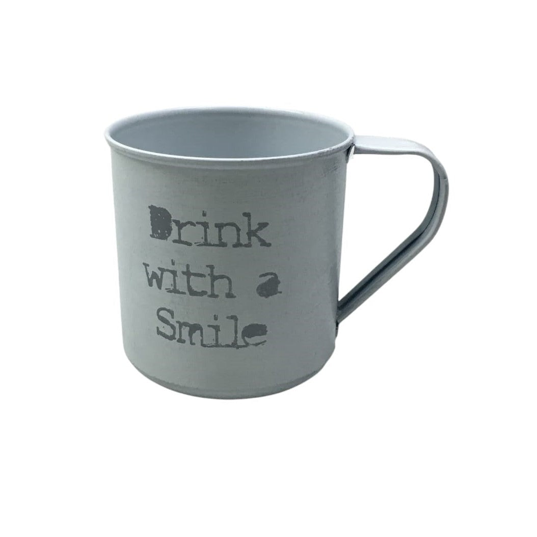 Vintage Steel Coffee Mug 9x9cm Galvanised Round White with Handle