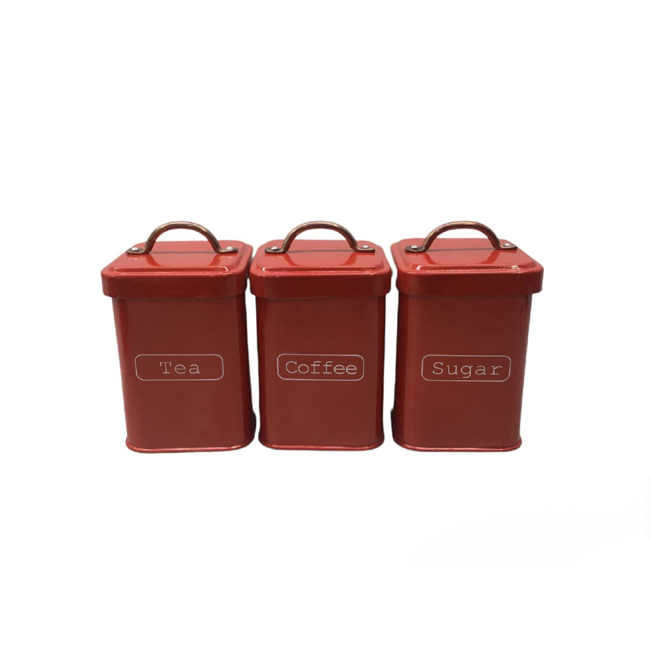 Storage Canister Tin Tea-Coffee-Sugar - Red with Bronze Handle