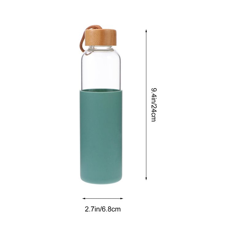 Glass Drinking Bottle 500ml Silicone Grip with Bamboo Wooden Lid and String 22583