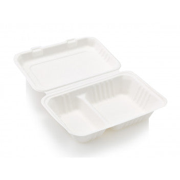 Biodegradable Bagasse Takeaway Lunchbox Clamshell 2-Division 1L 23x15cm 10pack