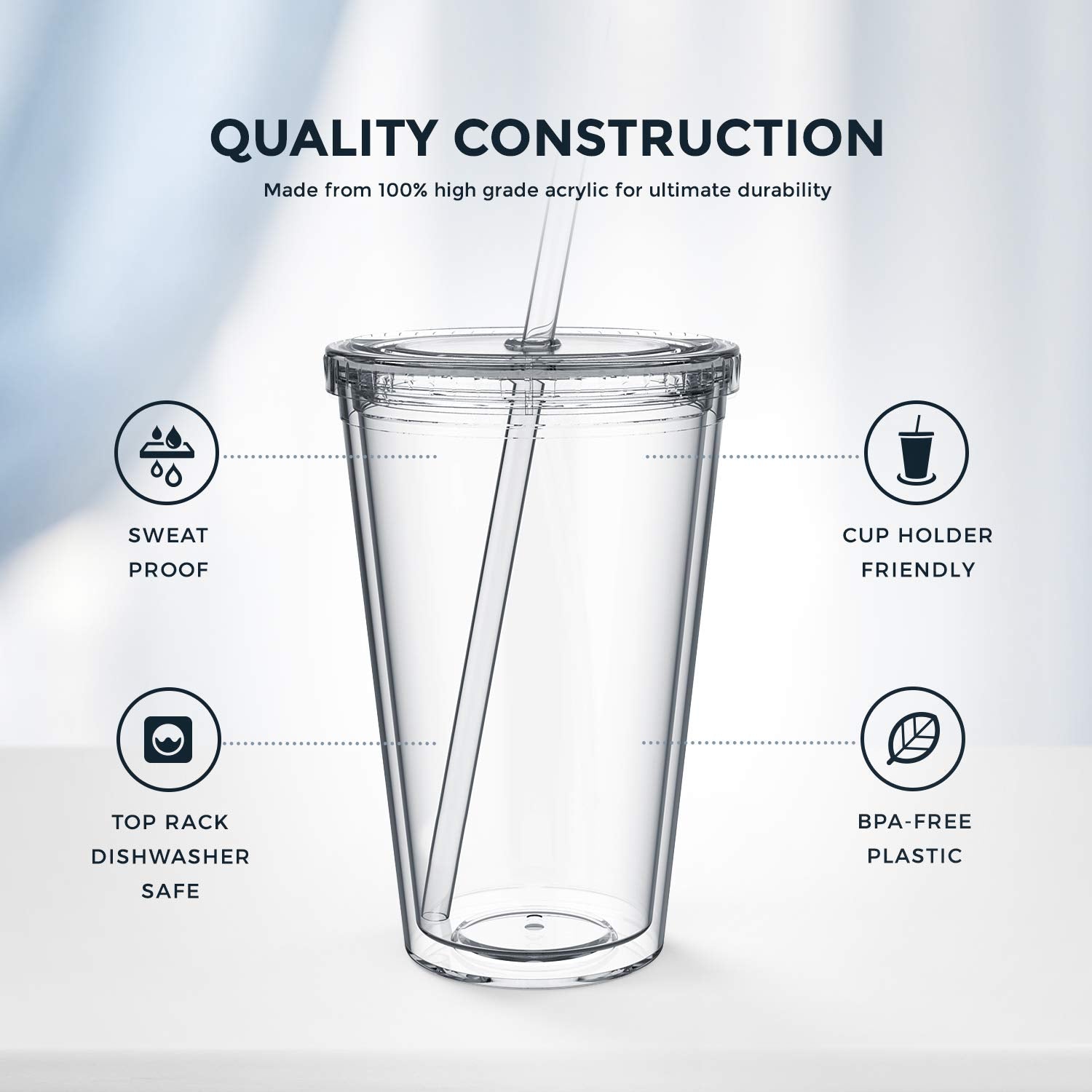 650ml Acrylic Tumbler Double Wall Insulated Cup with Straw