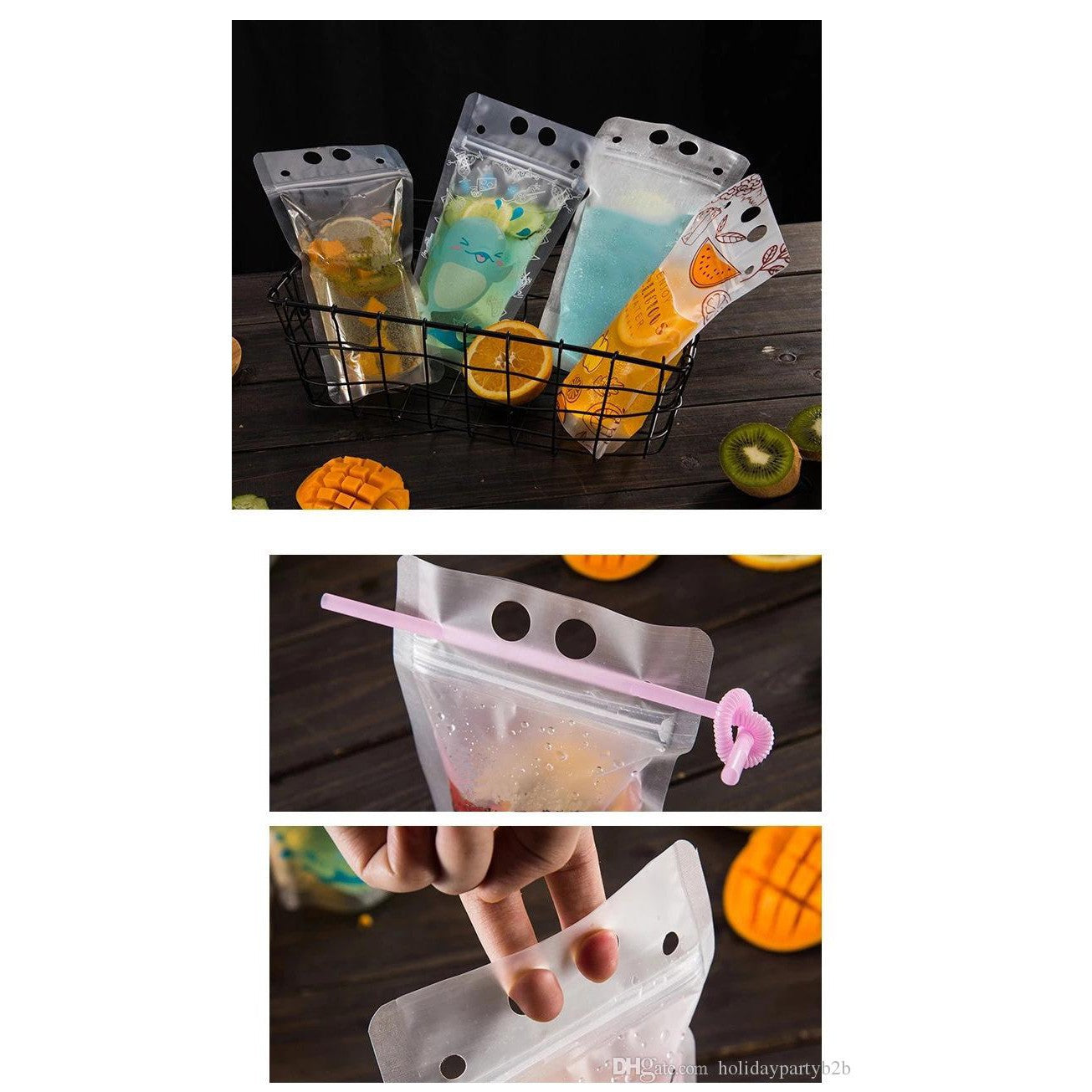 Drinking Pouch Bag Clear with Straw 500ml Stand-Up Reusable Beverage Packaging 13x23x4cm 100mic 1pc