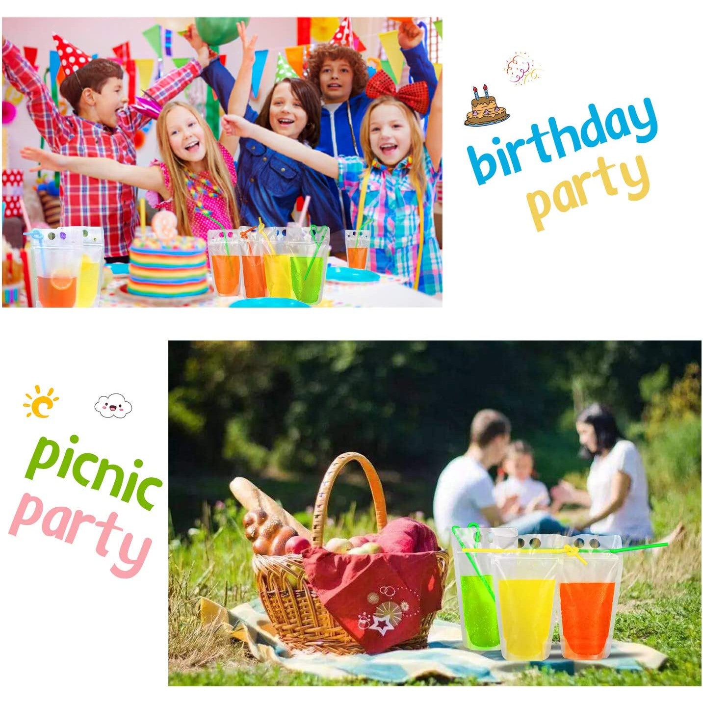 Drinking Pouch Bag Clear with Straw 500ml Stand-Up Reusable Beverage Packaging 13x23x4cm 100mic 1pc