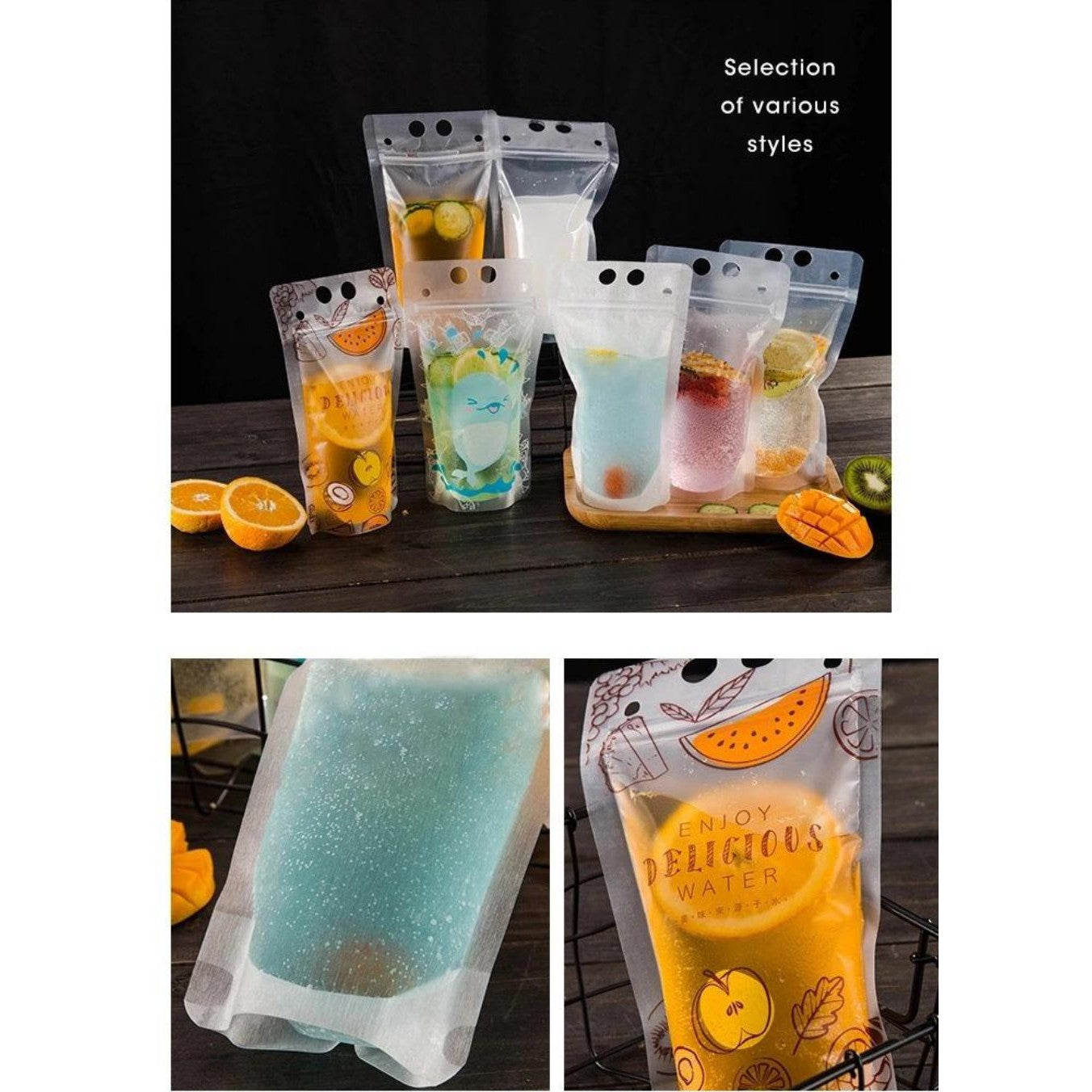 Drinking Pouch Bag Clear with Straw 500ml Stand-Up Reusable Beverage Packaging 13x23x4cm 100mic 1pc
