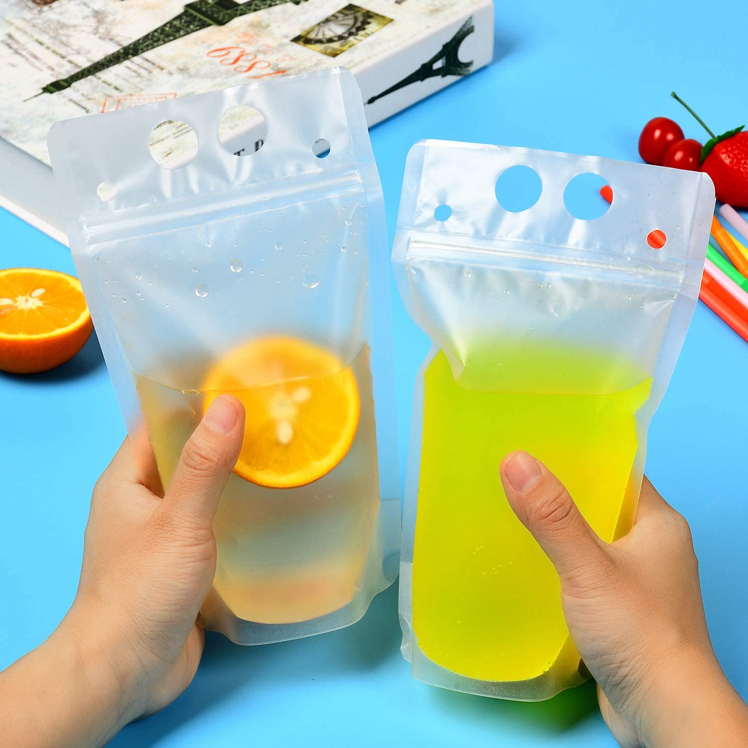 Drinking Pouch Bag Clear with Straw 500ml Stand-Up Reusable Beverage Packaging 13x23x4cm 100mic 1pc