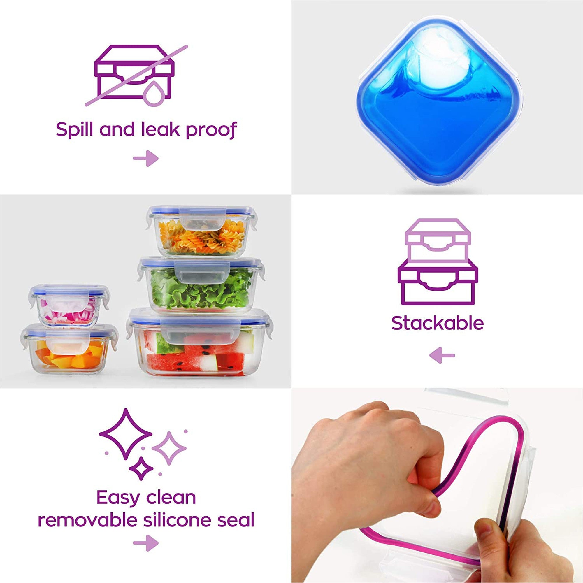 Food Storage Saver Clip Lock Square Lunch Box 3pc Set