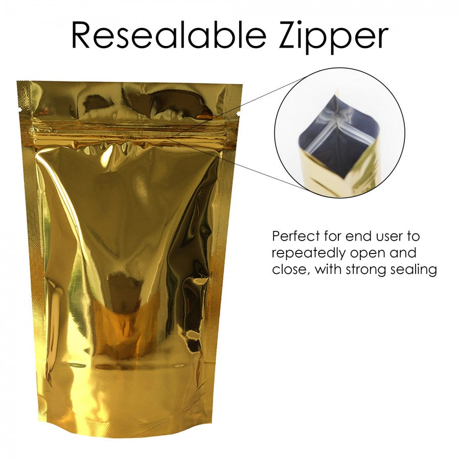 Aluminium Metalized Pouch Bags Zip Lock Resealable Foil Stand-Up with Window Matte Gold 180mic 10pack
