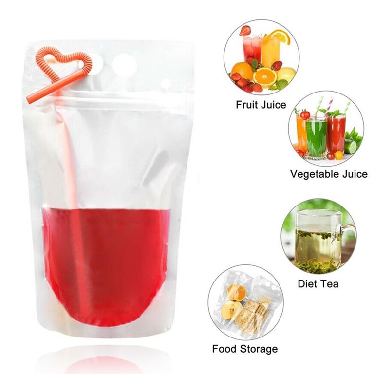 Drinking Pouch Bag Clear with Straw 500ml Stand-Up Reusable Beverage Packaging 13x23x4cm 100mic 1pc
