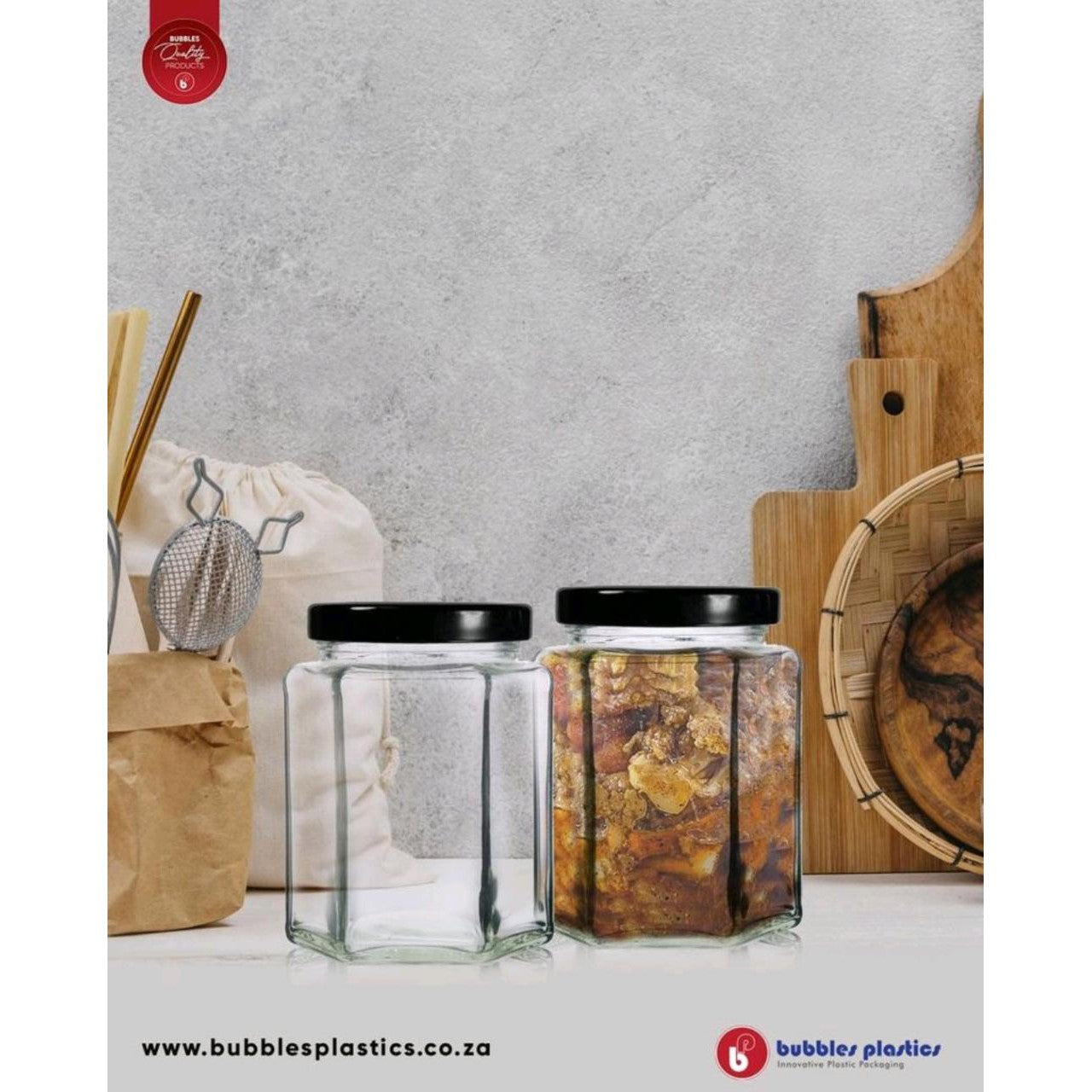 Regent Glass Jar 380ml Hexagonal with Black Lid 15106