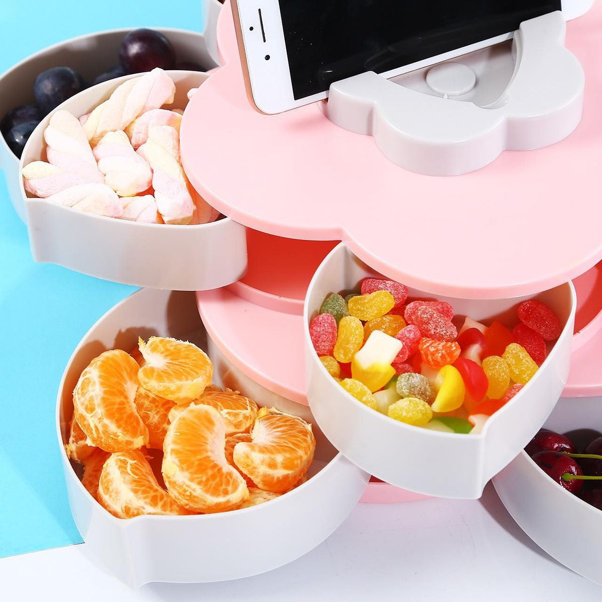 Pattern Rotating Fruit Bowl Double-Layer Rotating Fruit Candy Box Pink