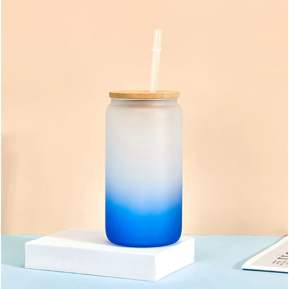 Frosted Glass Drinking Can Bottle 480ml Color Gradient with Bamboo Lid & Borosilicate Straw