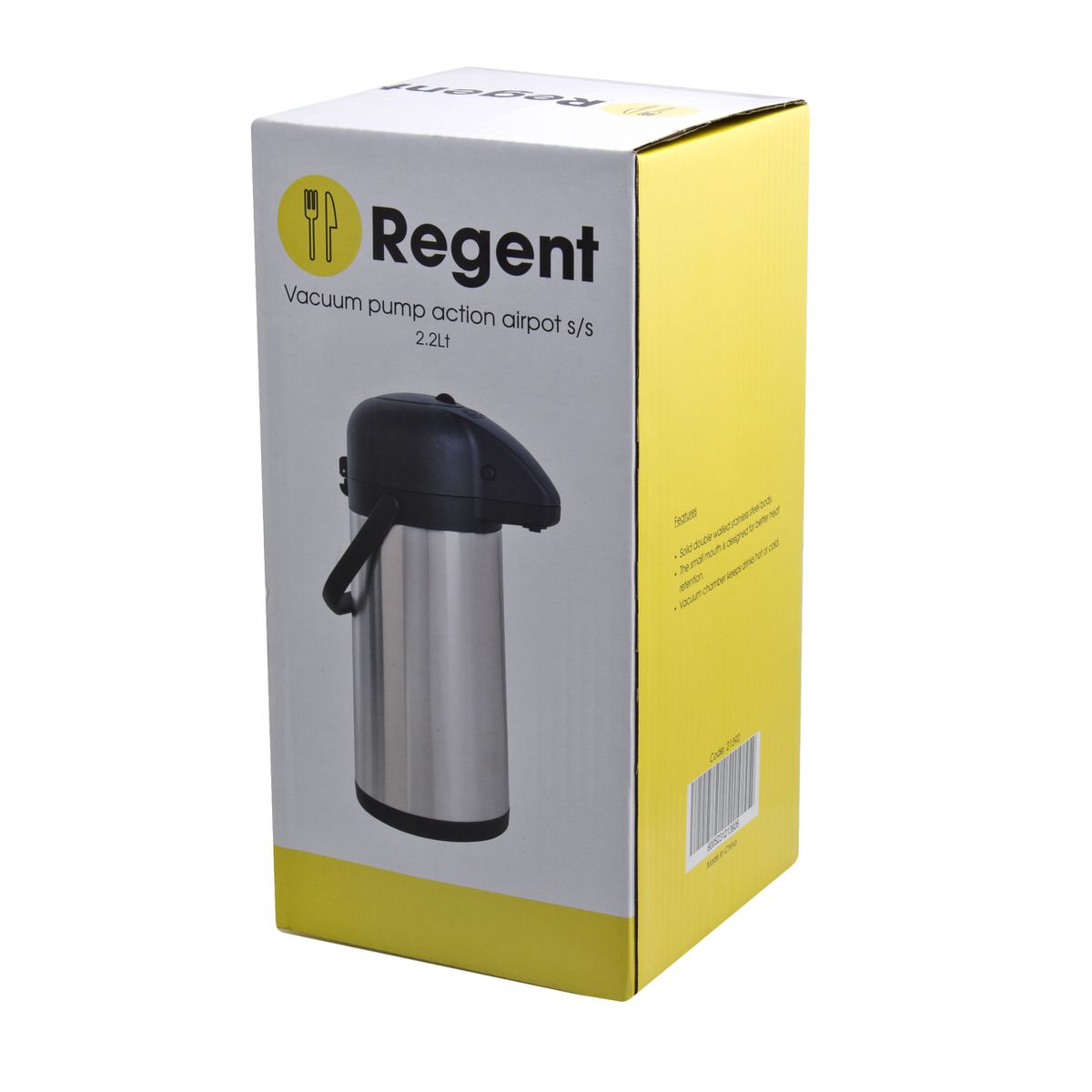Regent Vacuum Flask Airpot 2.2L Double Wall Pump Action Stainless Steel 21392