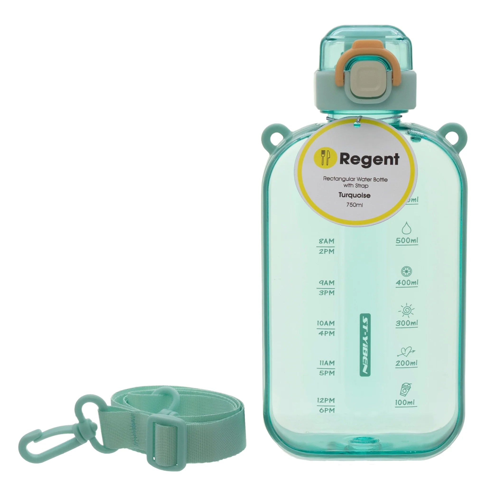 Regent Rectangle Turquoise Transparent Water Bottle Plastic Strap 750ml