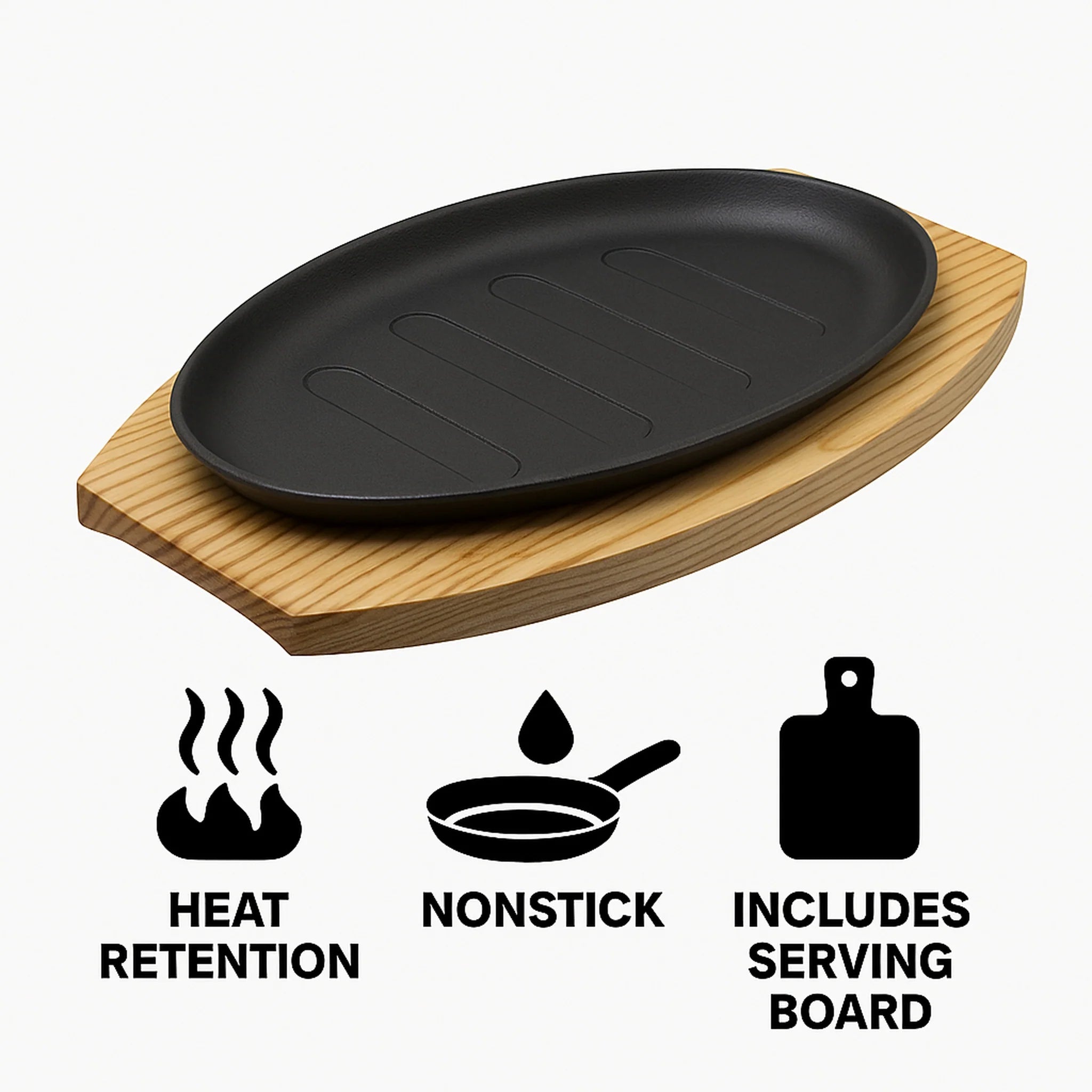 Regent Cookware Cast Iron Oval Steak Plate with Birch Wood Board 30218
