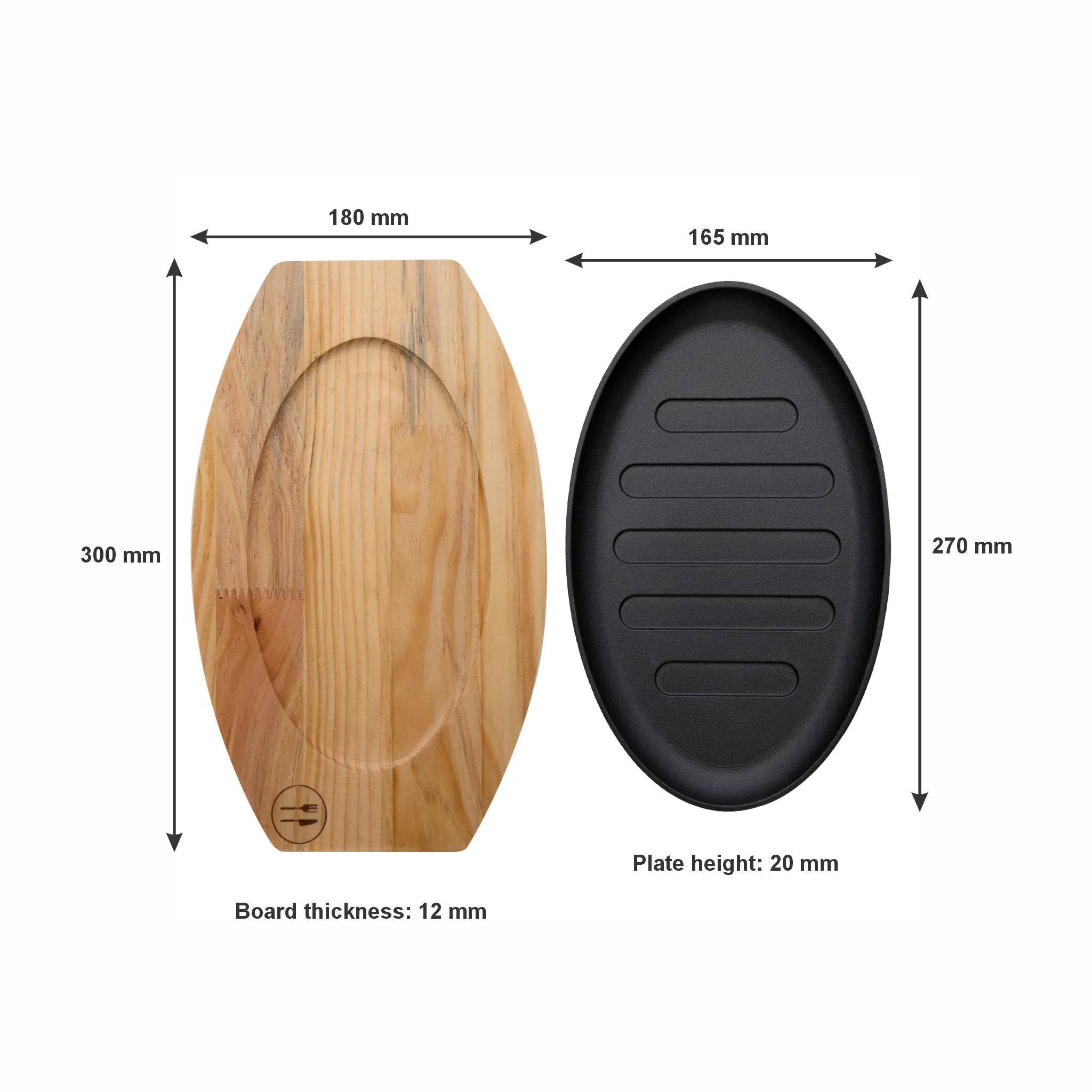 Regent Cookware Cast Iron Oval Steak Plate with Birch Wood Board 30218