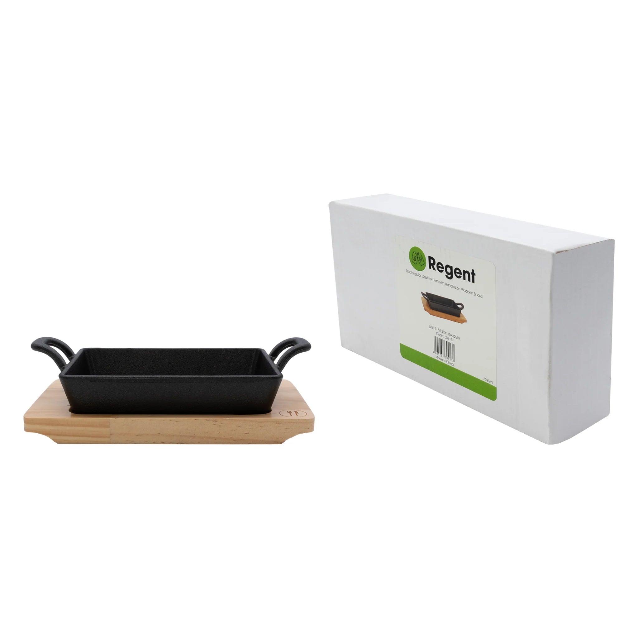 Regent Cookware Cast Iron Rectangle Pan with 2 Handles On Wooden Board