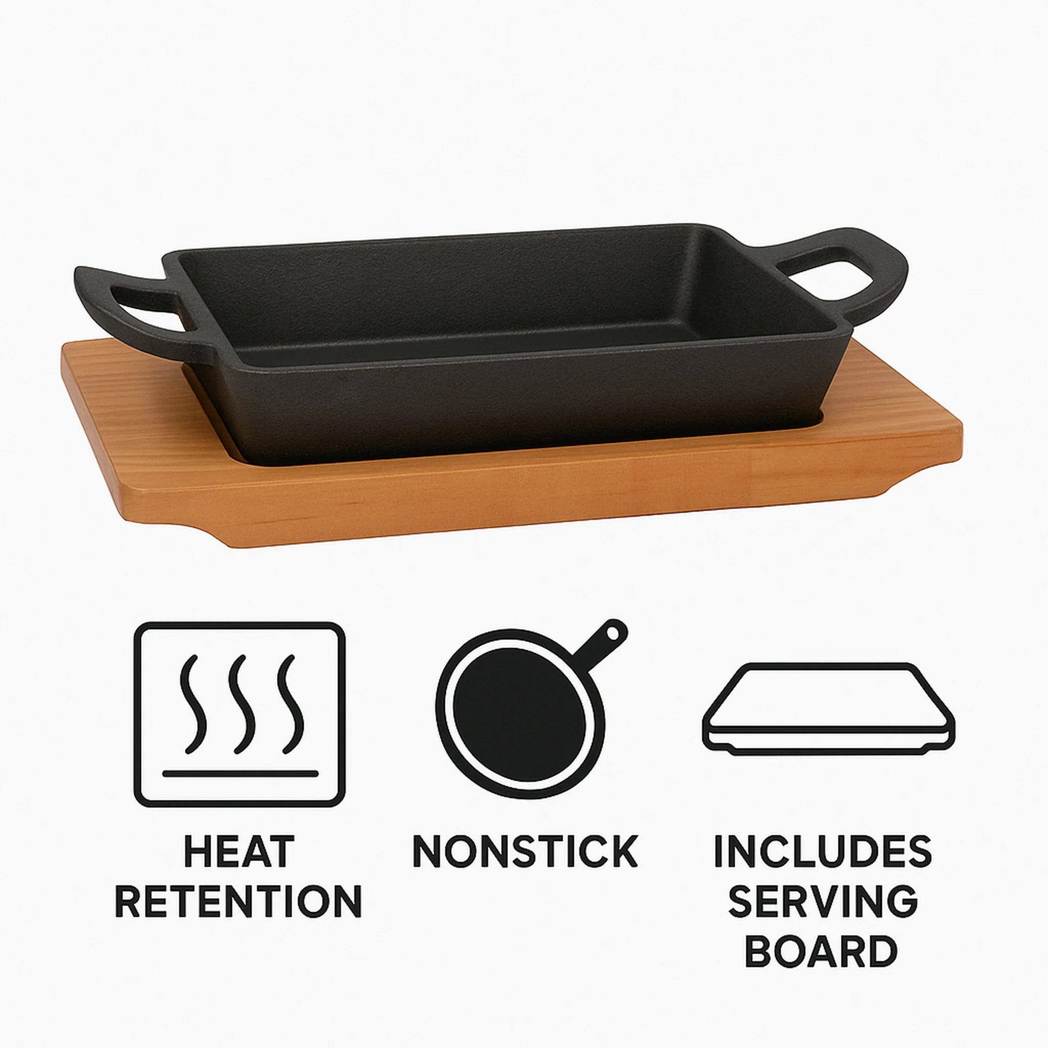 Regent Cookware Cast Iron Rectangle Pan with 2 Handles On Wooden Board