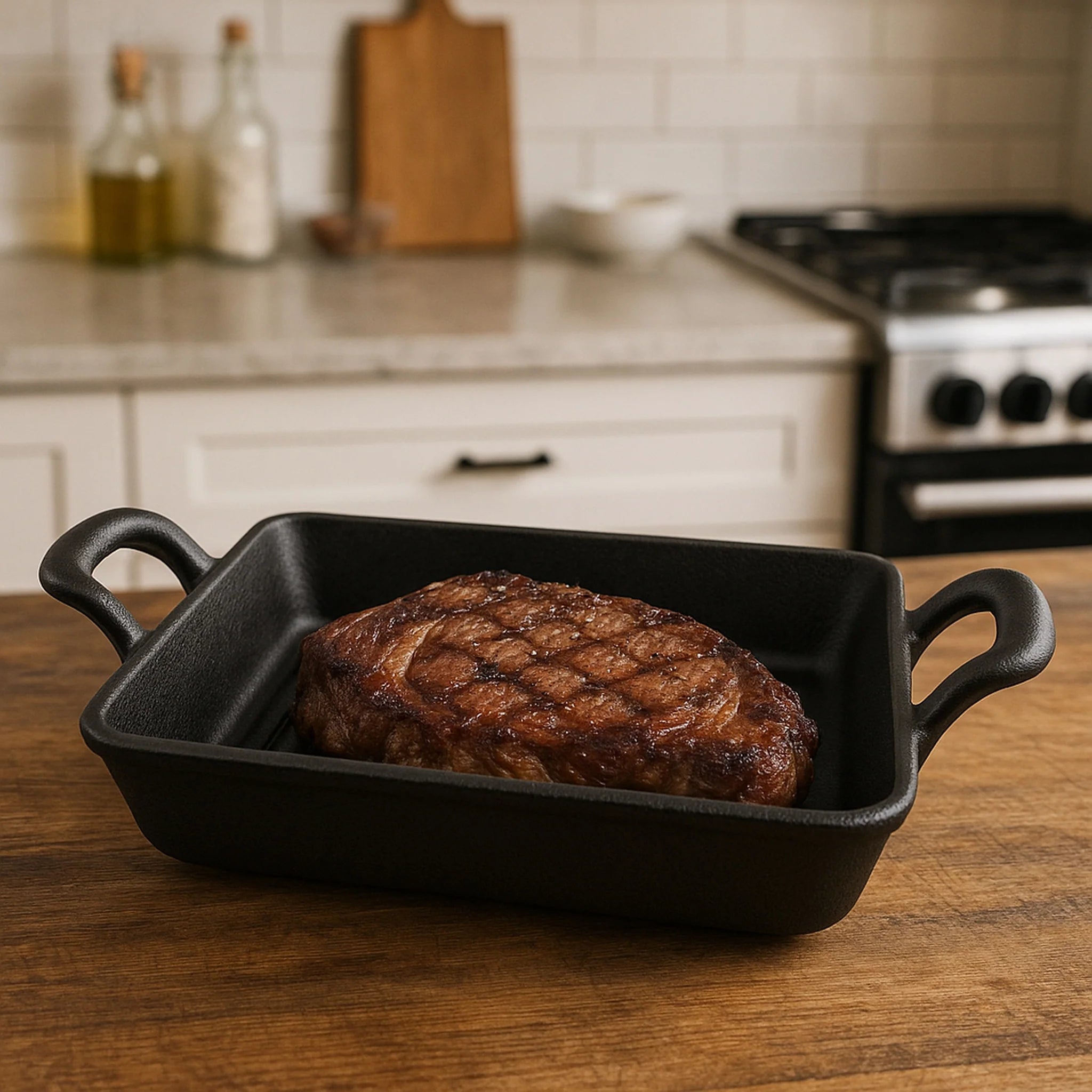 Regent Cookware Cast Iron Rectangle Pan with 2 Handles On Wooden Board