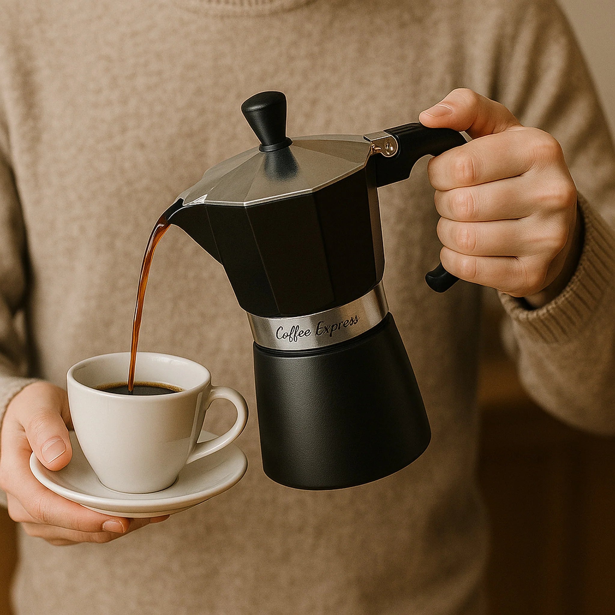 Regent 150ml Espresso Coffee Maker Pot Aluminium 2-Tone Matte Black & Silver 3-Cup 41424