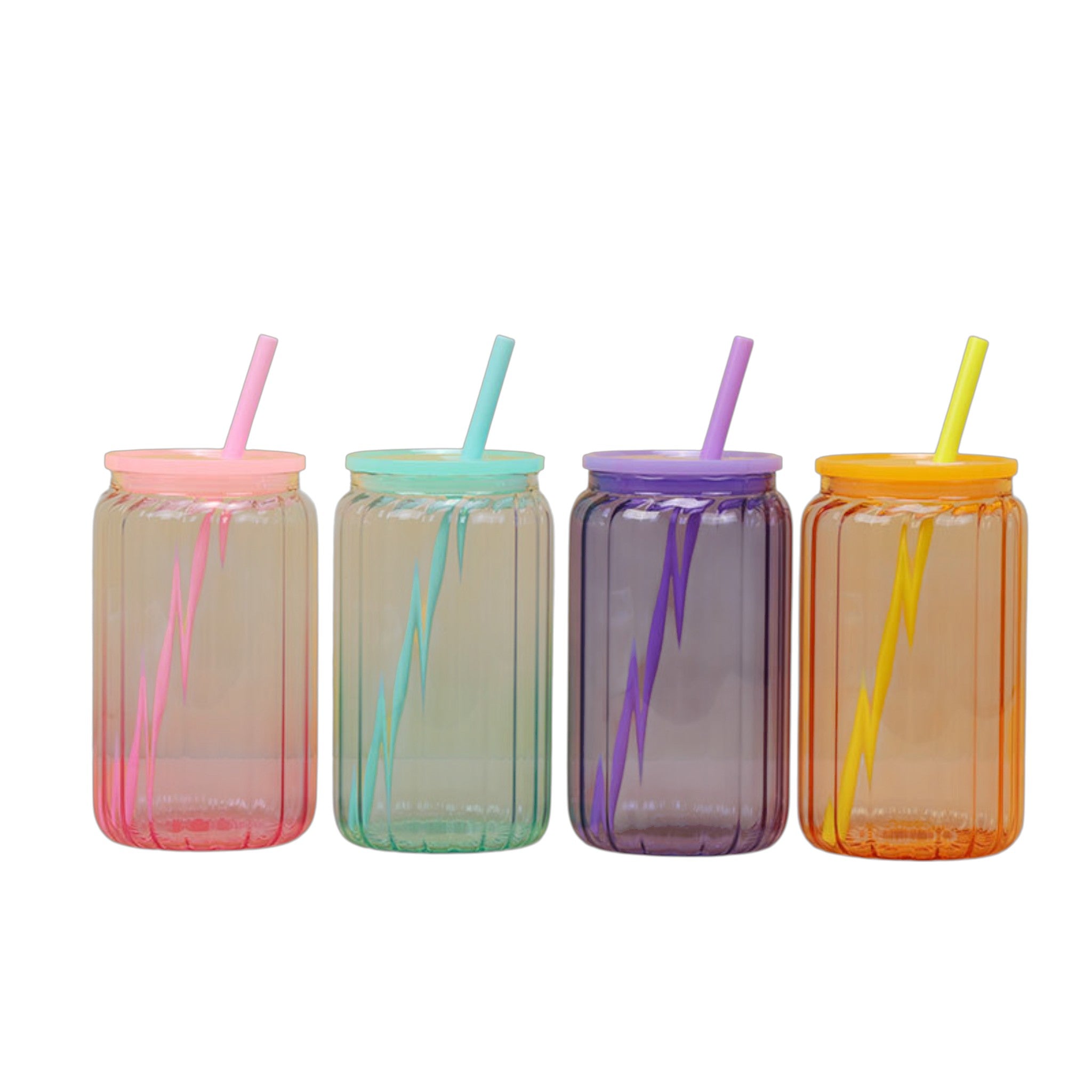 Retro Colored Drinking Glass Can Rippled with Plastic Straw 470ml